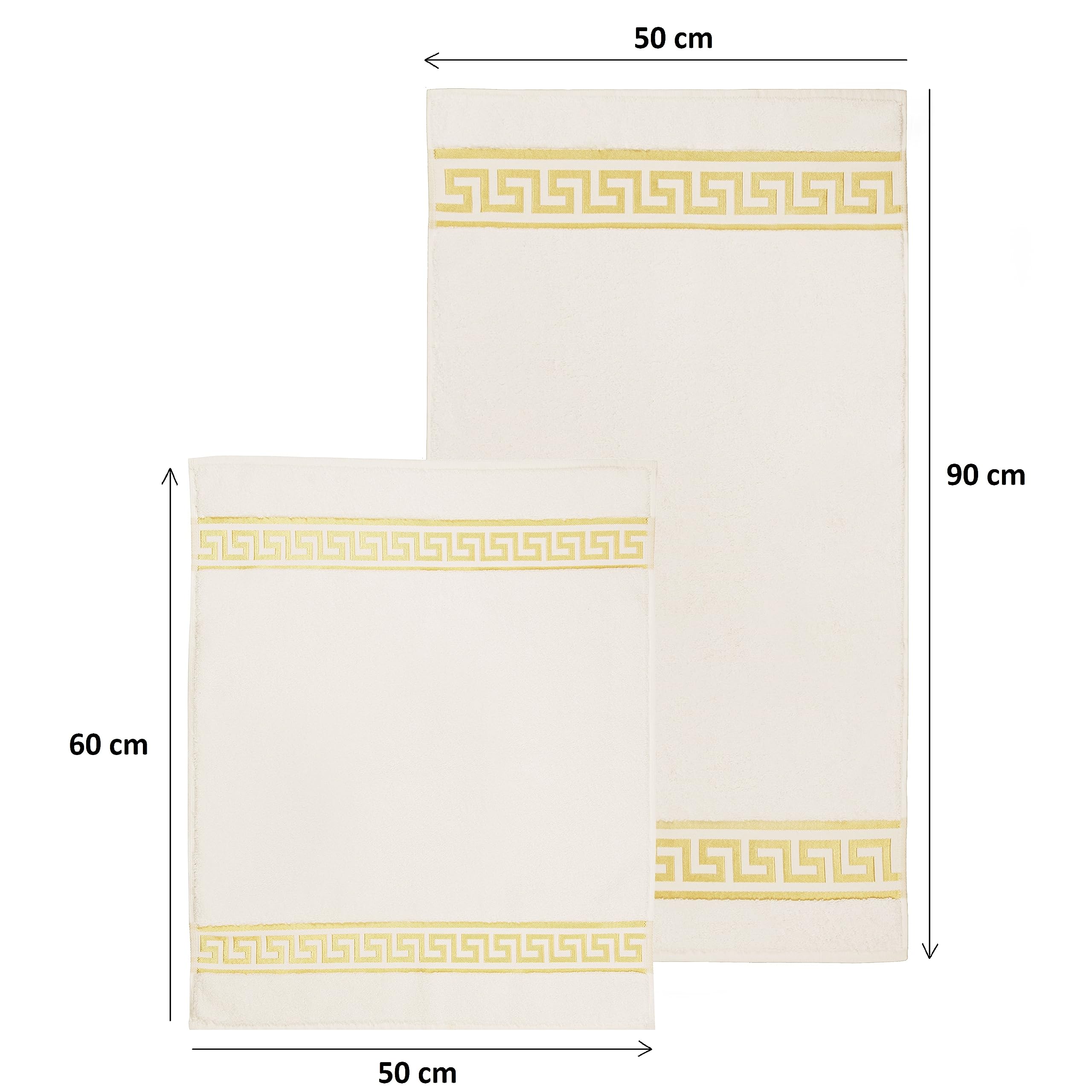 Badematte Badezimmerteppich Badteppich Duschmatte Badvorleger Set 2 teilig griechisches Mäander Muster in beige Creme Gold mit Noppen - 100% Baumwolle rutschfest waschbar Fussbodenheizung - 2er Set