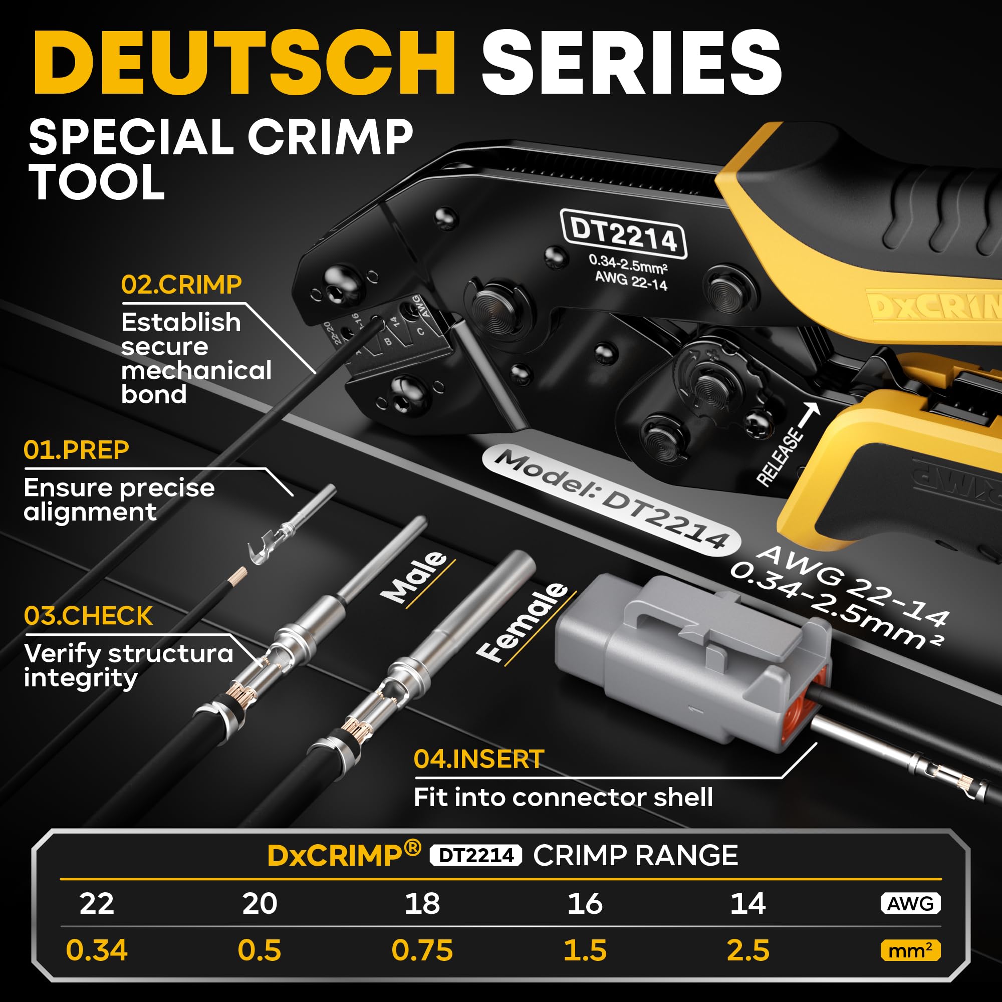 DxCRIMP Kit Pinza Crimpatrice per Connettori Serie DTM, Connettori Impermeabili 2/3/4/6 Pin, Contatti T20 (22-16AWG/0.34-1.5mm²), Cricchetto Spelafili e Utensili Rimozione, Compatibile con Deutsch DTM