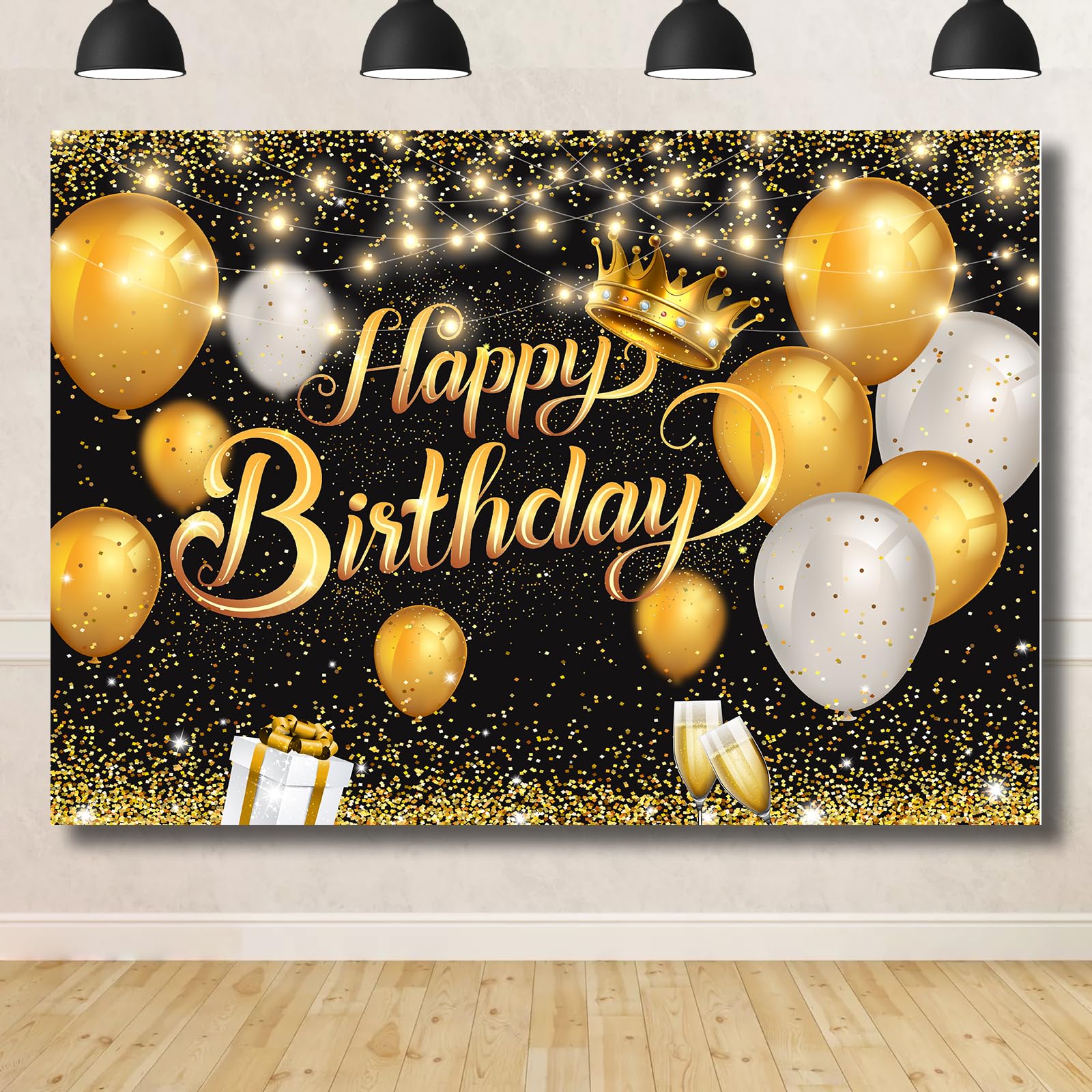 Pksoiil Happy Birthday Photography Background for Men and Women,Glitter Black Golden Happy Birthday Party Backdrops,Banner Gold Happy Birthday Sign