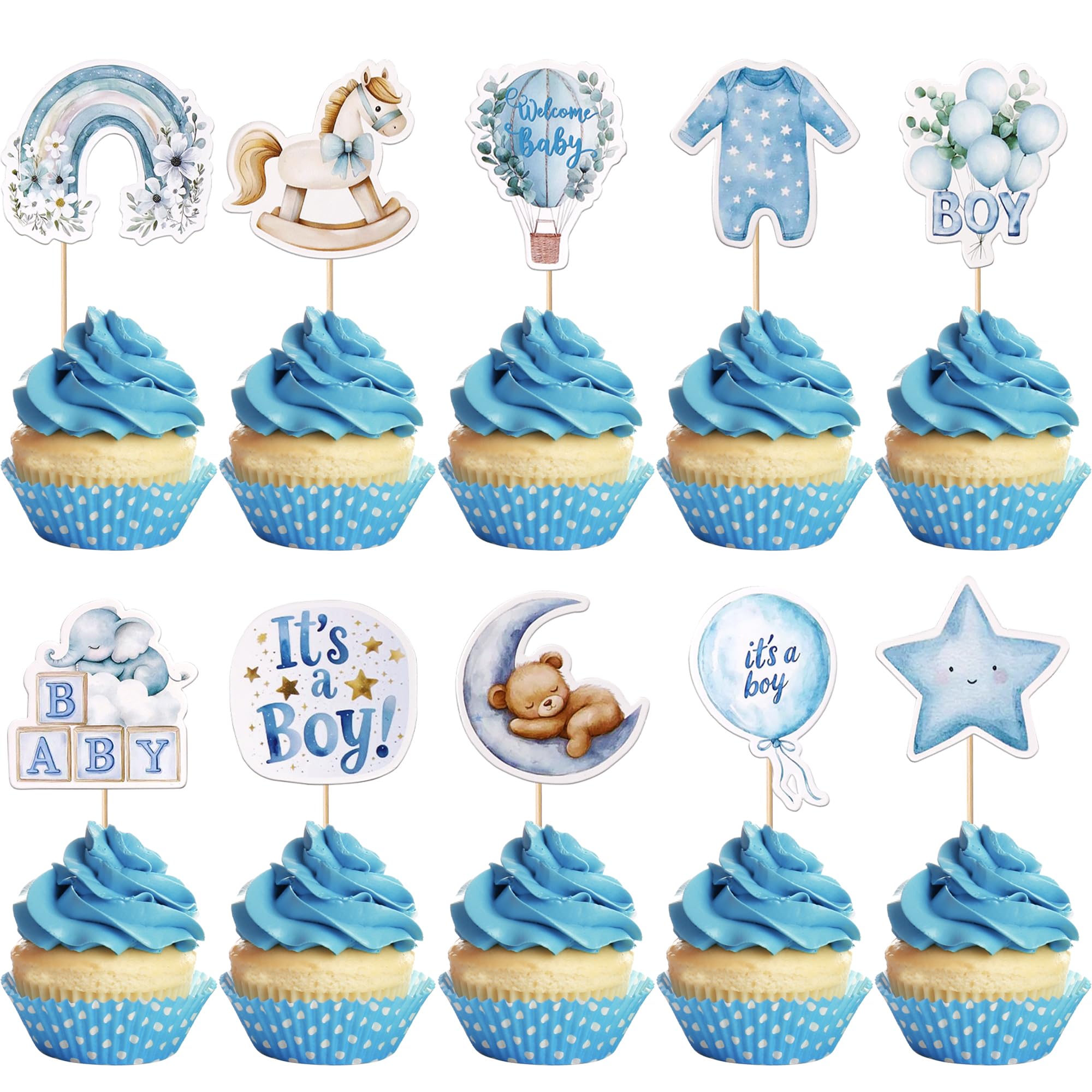 40 Stück Welcome Baby Cupcake Toppers Baby Dusche Tortendeko Ballon Elefant Kuchen Deko It's a Boy Cupcake Dekorationen für Geschlecht Enthüllt Thema Party Kuchen Dekorationen Blau