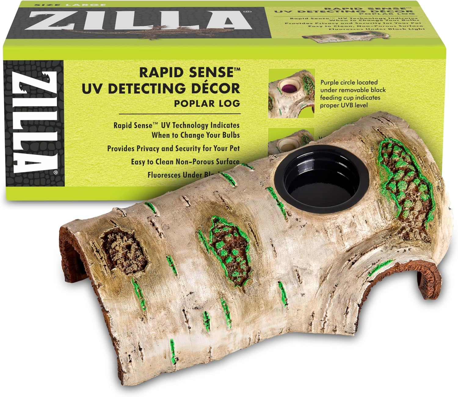 Zilla Rapid Sense UV Detecting Pet Reptile Terrarium Décor, Detects UVB Levels, Poplar Log, Large (SIMILAR TO STOCK PHOTO)