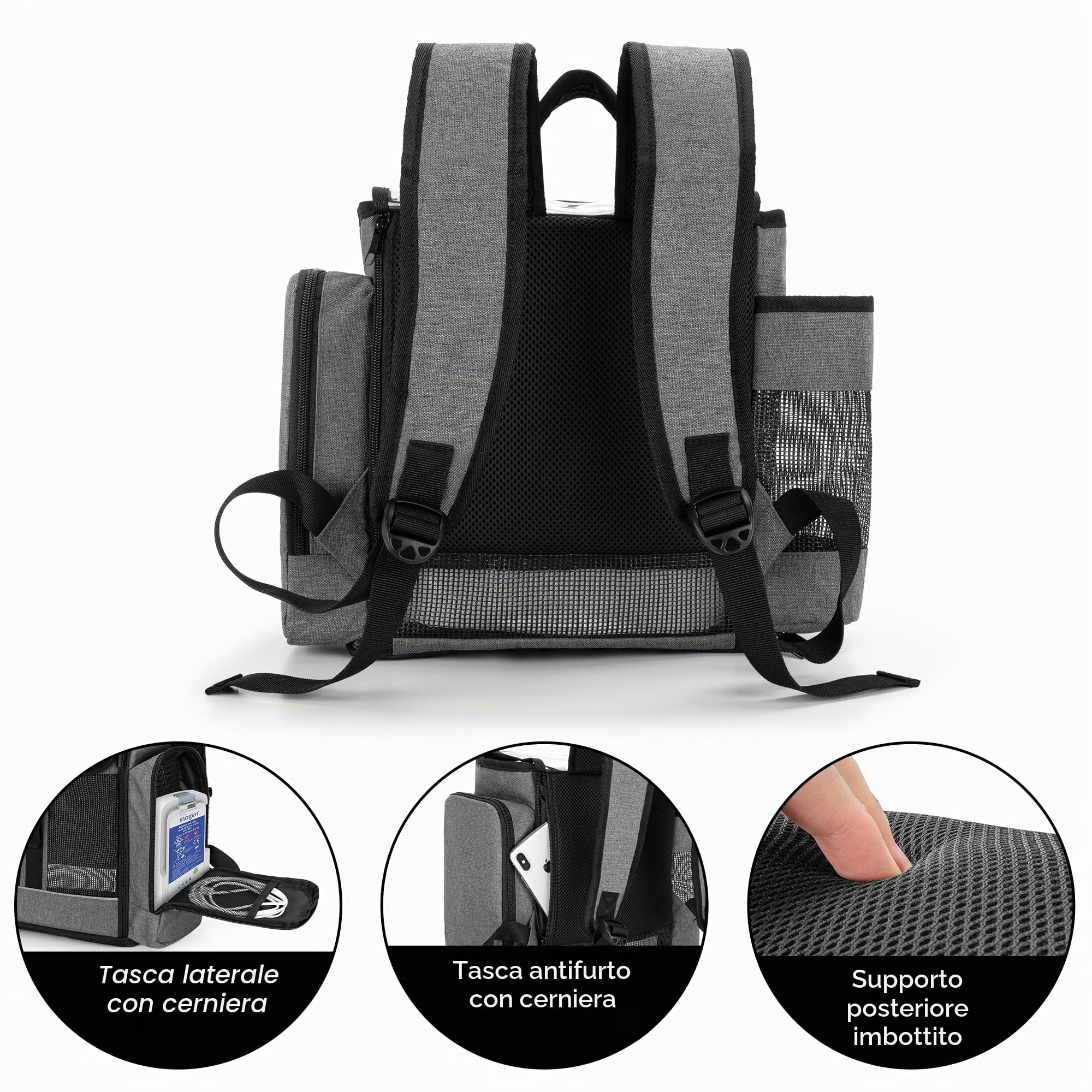 CURMIO Borsa da viaggio per concentratori di ossigeno portatili, compatibile con Inogen One, Oxygo, unità Caire, SimplyGo Mini, borsa da viaggio POC per macchina e accessori, Grigio | Zaino da Viaggio per POC, Rete Traspirante, Apertura sul Fondo, Compati