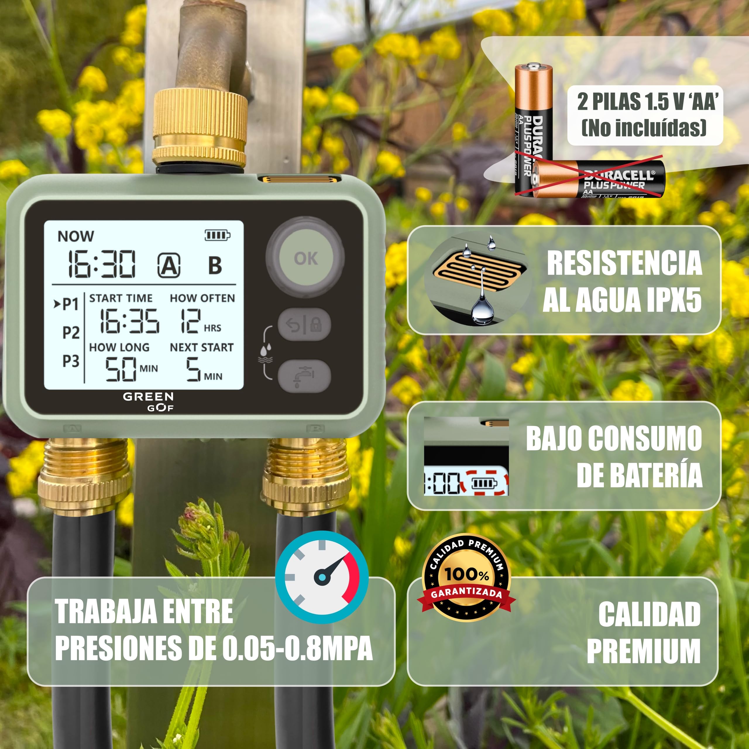 Programmatore di irrigazione Premium - Connettori in ottone - Sensore pioggia - 2 uscite d'acqua - Timer a basso consumo a batterie - 6 programmi indipendenti - Facile e intuitivo.