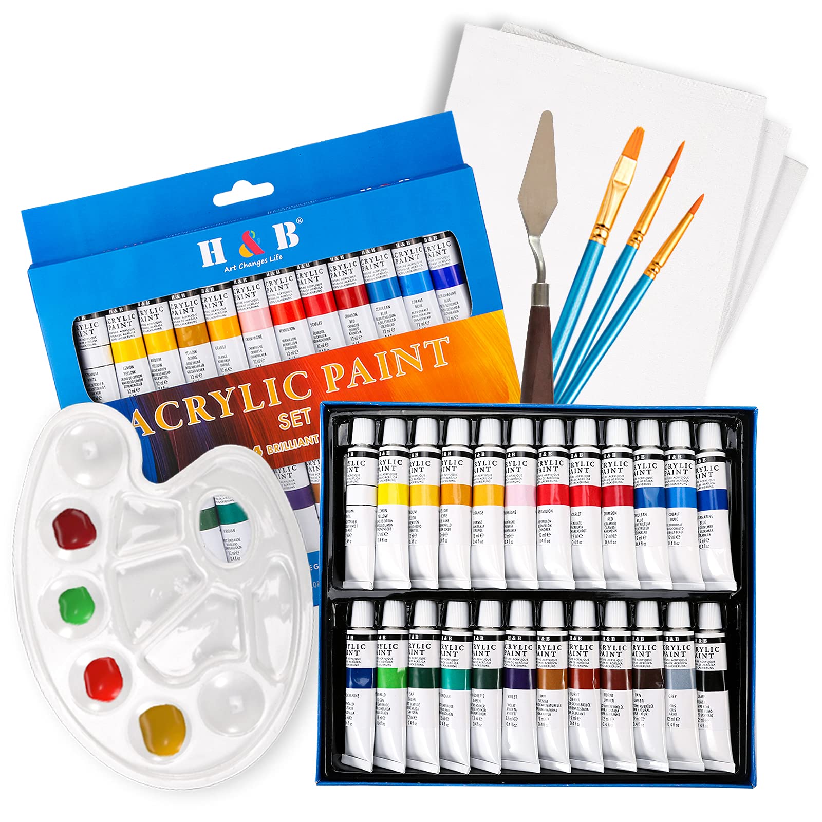Acrylic Paint Set 28 PCS H&B Painting Kit 12ml x 24 Paints Tubes with