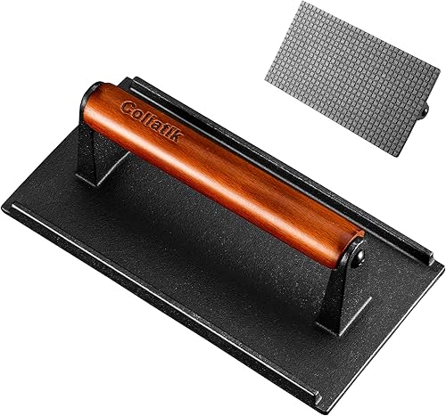 Coliatik Prensa de hamburguesa rectangular de 8.3 x 4.3 pulgadas, kit de hierro fundido resistente con mango de madera, perfecto para cocinar a la