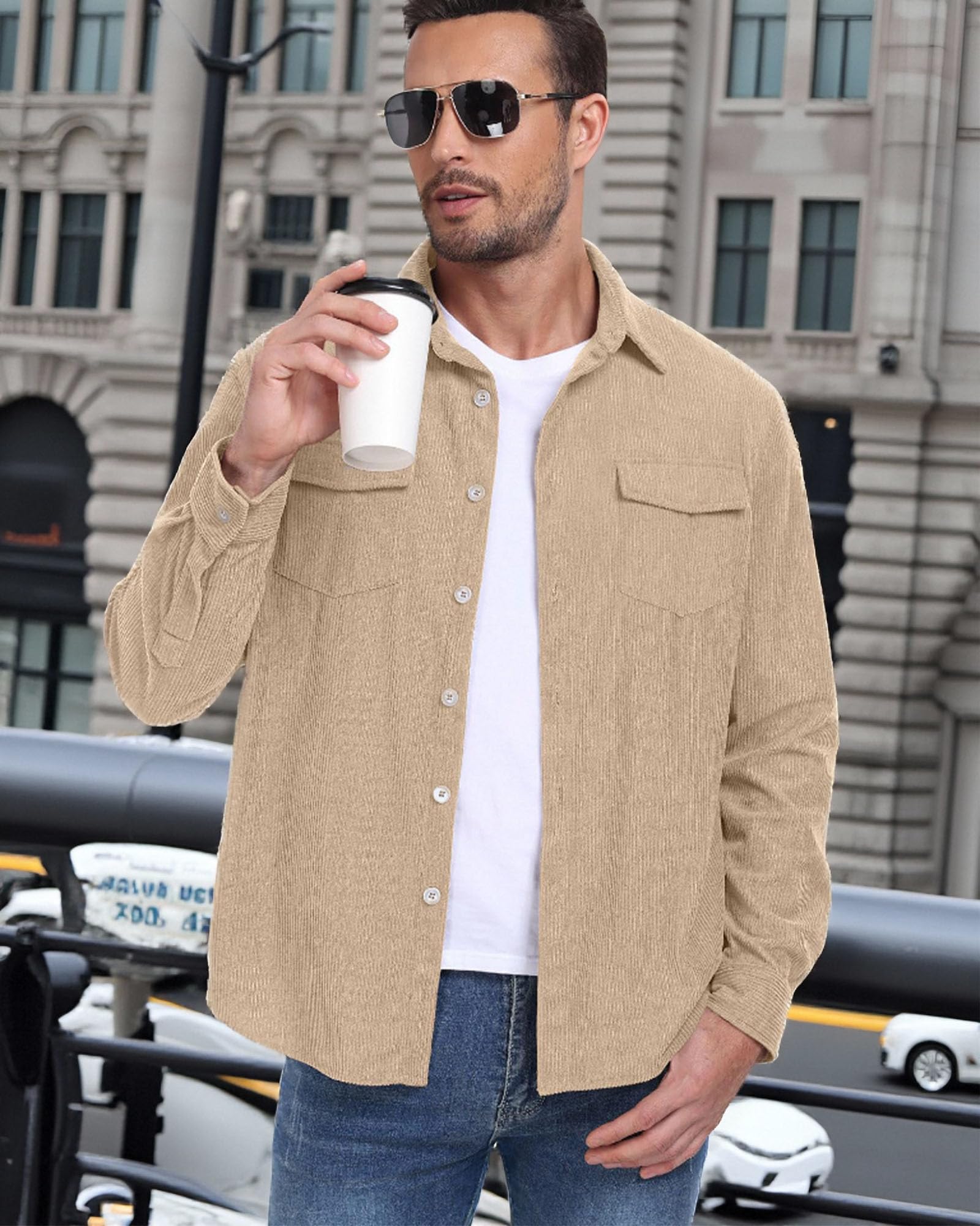 QUNERY Camicia Velluto Uomo Maniche Lunghe Cappotti Casual Button-Down Camicia Autunno Inverno con Tasche Camicie