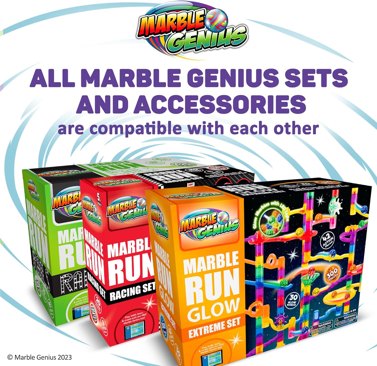Several Marble Genius product boxes, including different marble run sets and accessory sets, illustrating their compatibility.