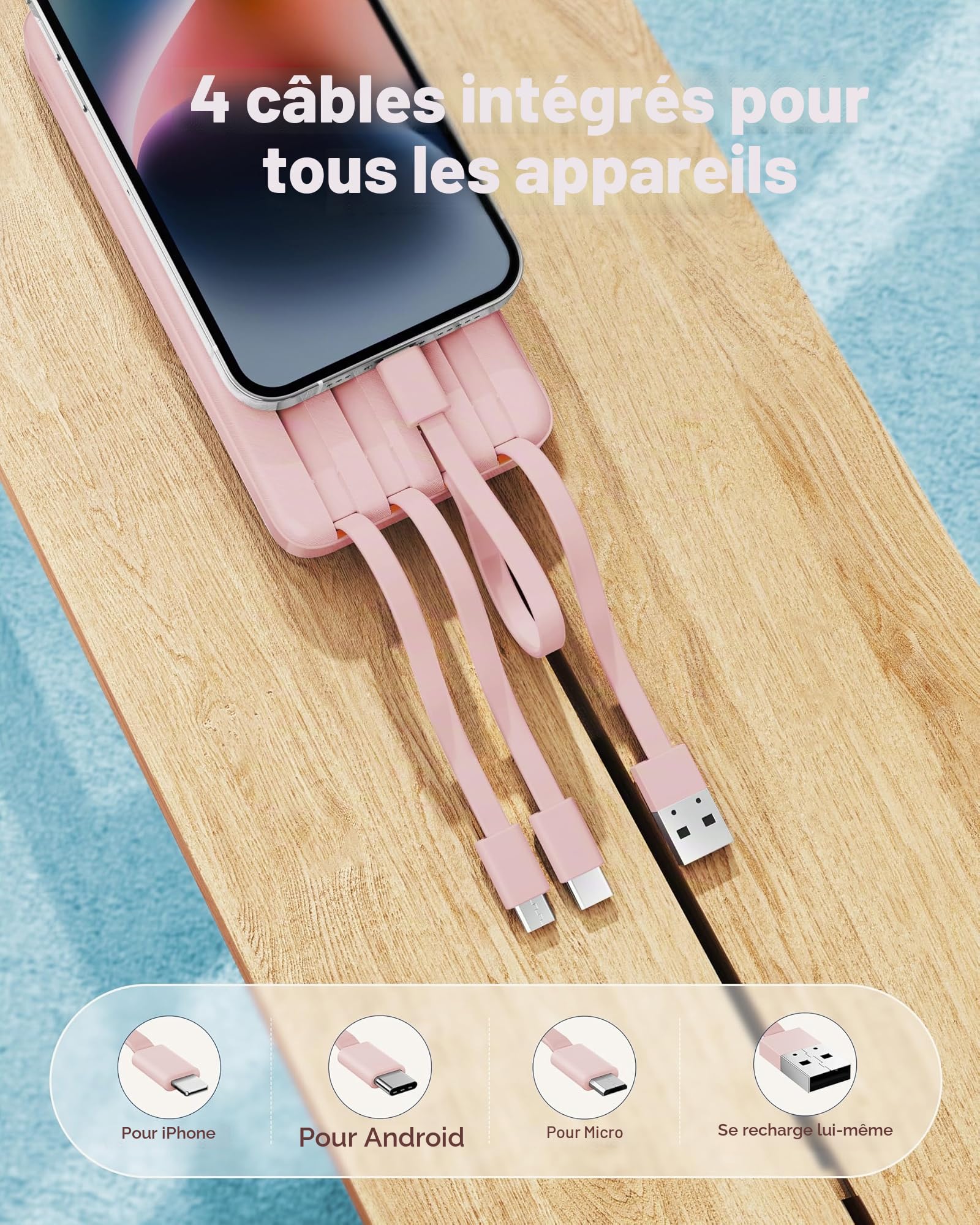 Charmast Batterie Externe 20000mAh, 20W Power Bank Charge Rapide avec câbles intégrés, 5 Sorties et 4 Entrées Batterie Portable pour iPhone 14 13 12 11 Samsung S21 S22 (Rose)