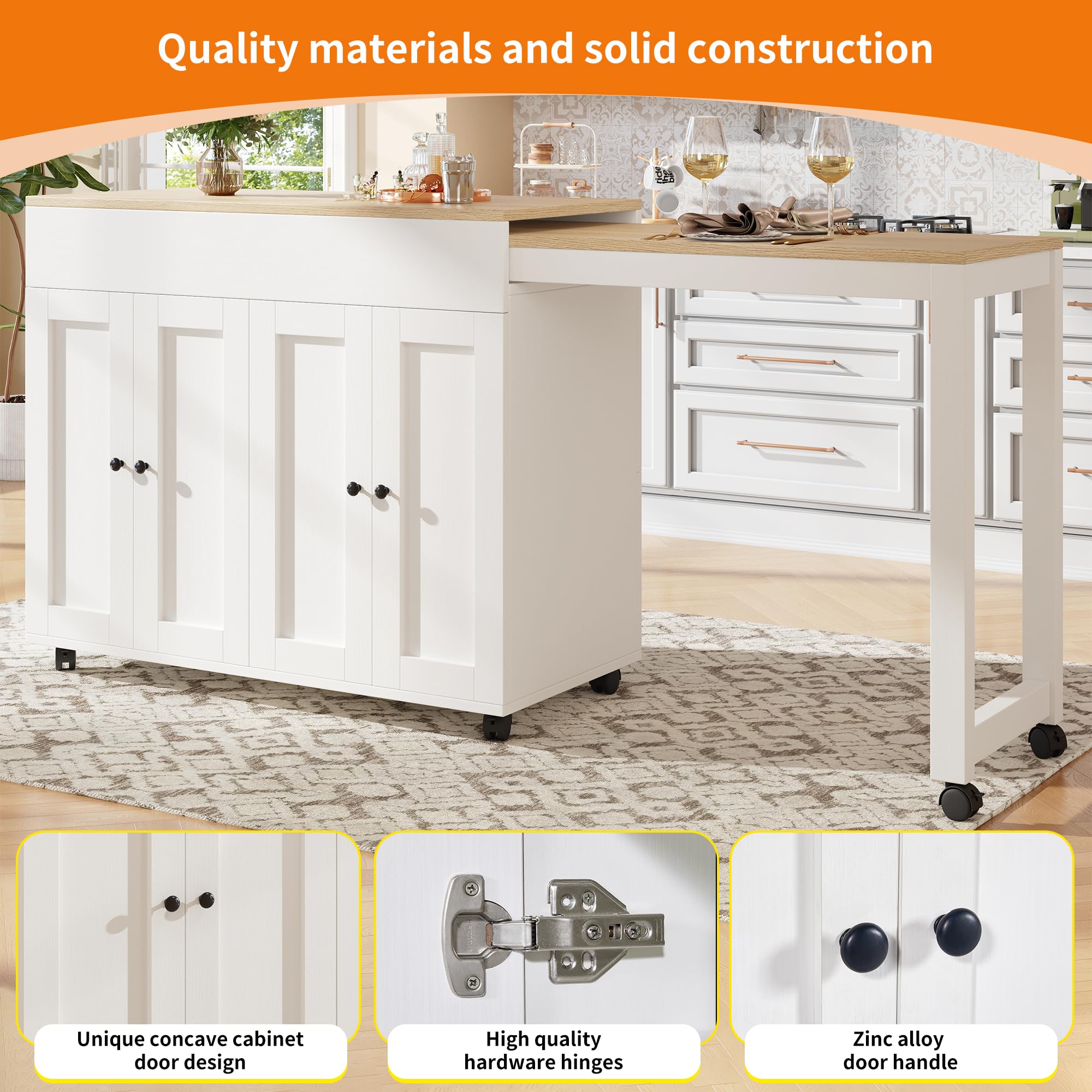 Mesa de bar extensible (118-180×50×94cm), isla de cocina extensible con espacio de almacenamiento, con seis estantes, mesa de bar, para comedor, para usar como divisor, color blanco