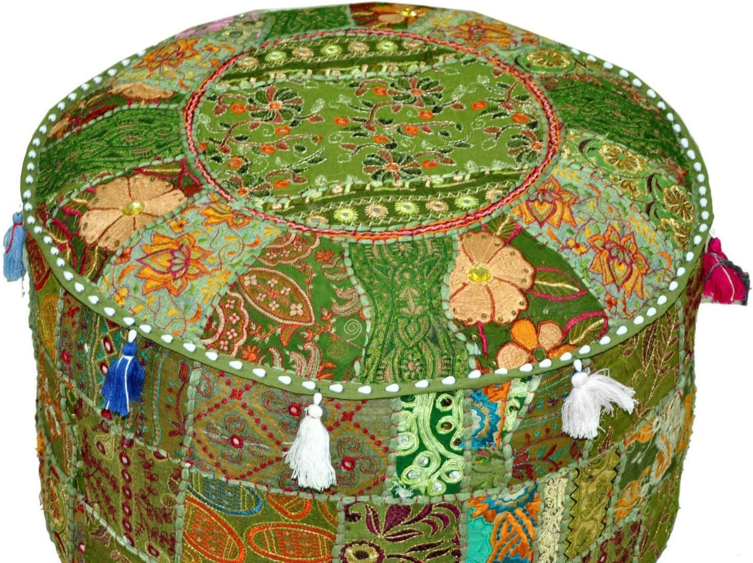Sophia Art Indian Traditional Home Decorative Multi Ottoman Handmade and Patchwork Foot Stool Floor Cushion, Size 14 x 22Inches(Cover Only) (Green