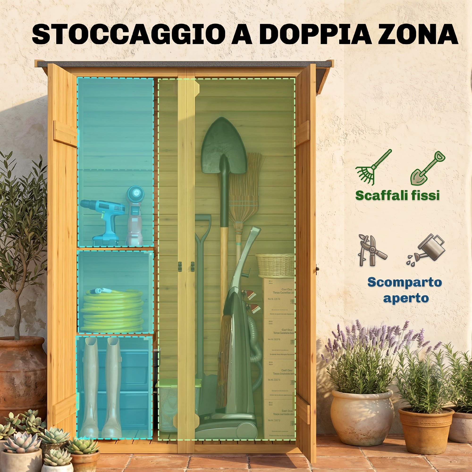 Outsunny Armadio da Giardino in Legno di Abete con 2 Ripiani, Casetta Attrezzi Giardino con Doppia Porta e Chiavistelli, Tetto Inclinato, Capanno Porta Attrezzi per Esterno 115x53x156 cm Marrone