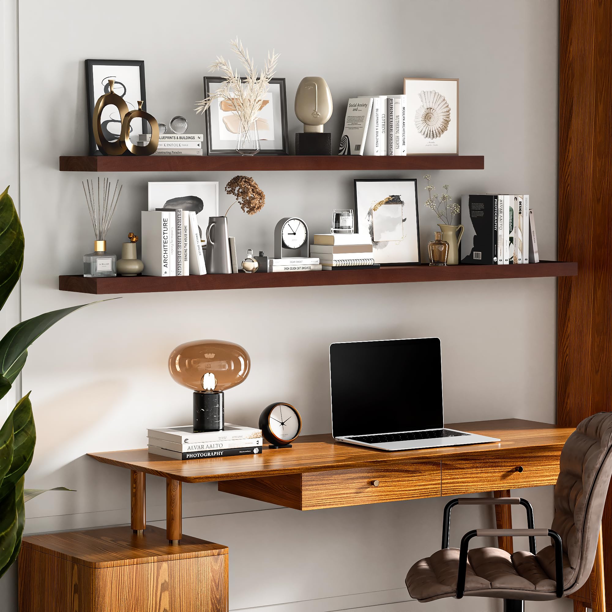 Marsmiles Floating Shelves for Wall - 36 Inch Wide x 8 Inch Deep Ash Wood Shelves Set of 2 - Rustic Floating Wood Shelves for Living Room Bedroom Bathroom