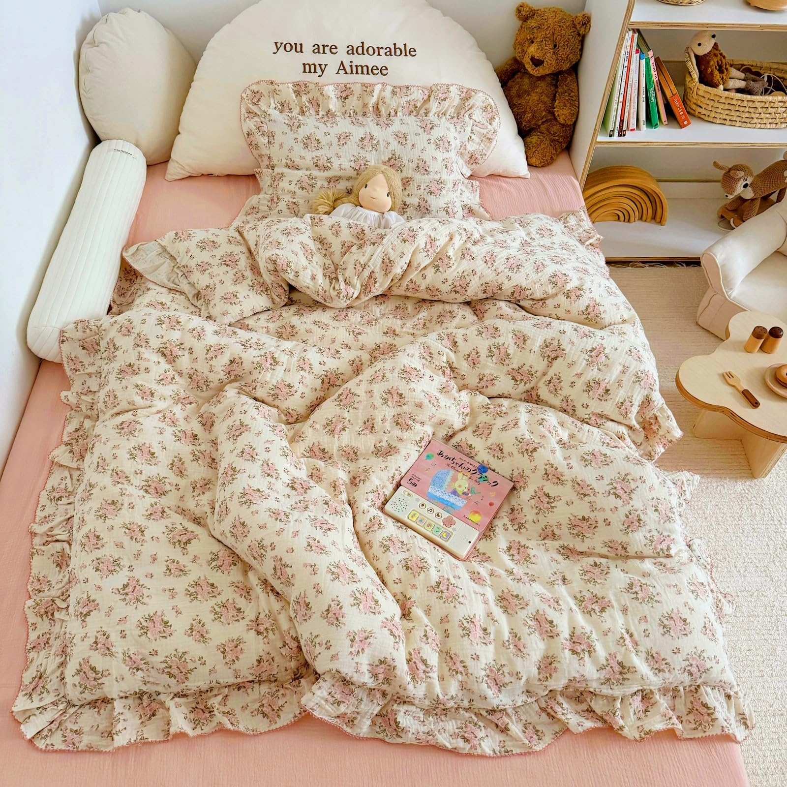 BuLuTu Toddler Girls Pink Floral Duvet Cover with Ruffles,No Pillow,47"x59"