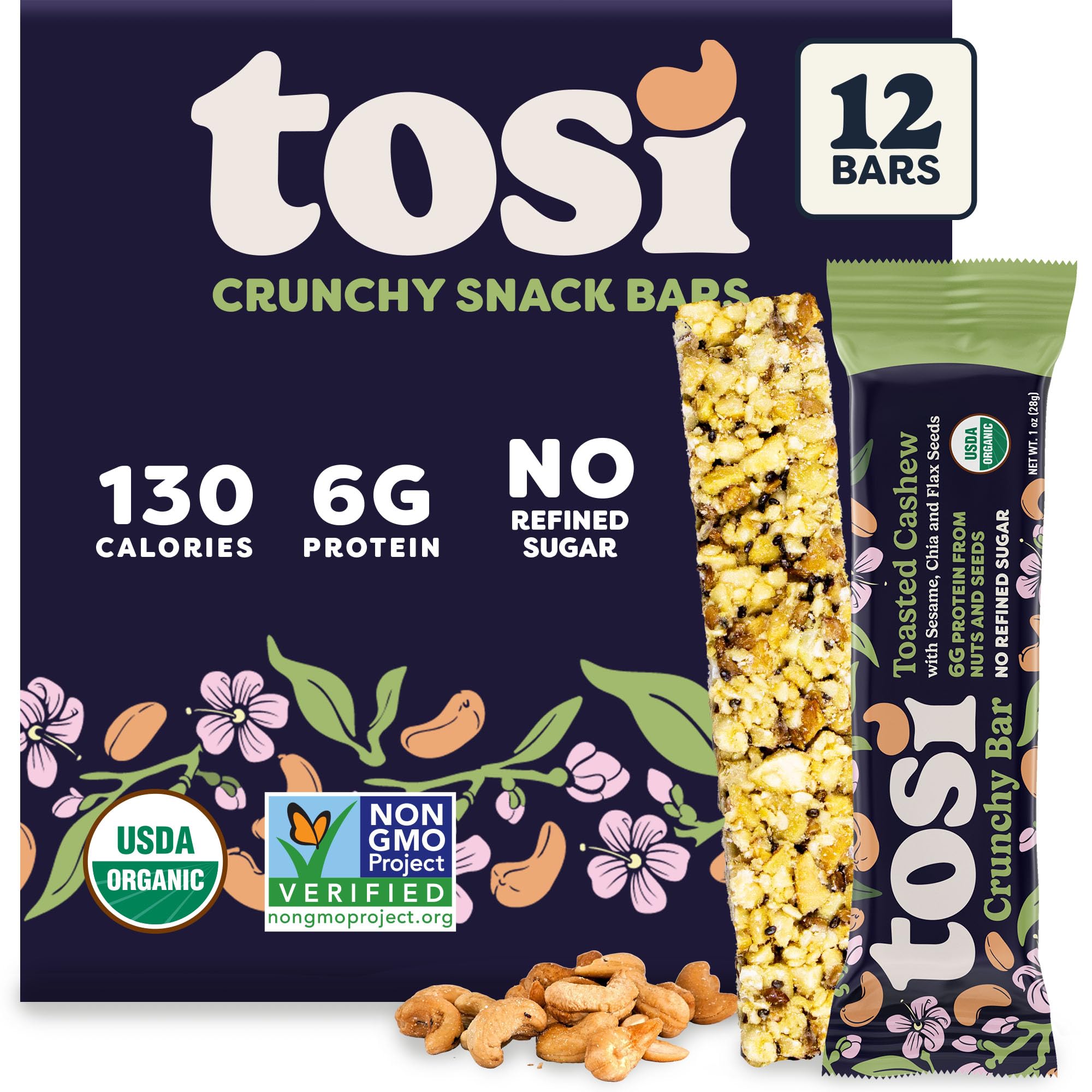 Tosi Nut Bars, Cashew, Healthy Snacks for Adults & Kids, Plant Based Crunchy Bars (6G Protein), Organic Keto Snacks, Vegan, Gluten & Soy Free, Low