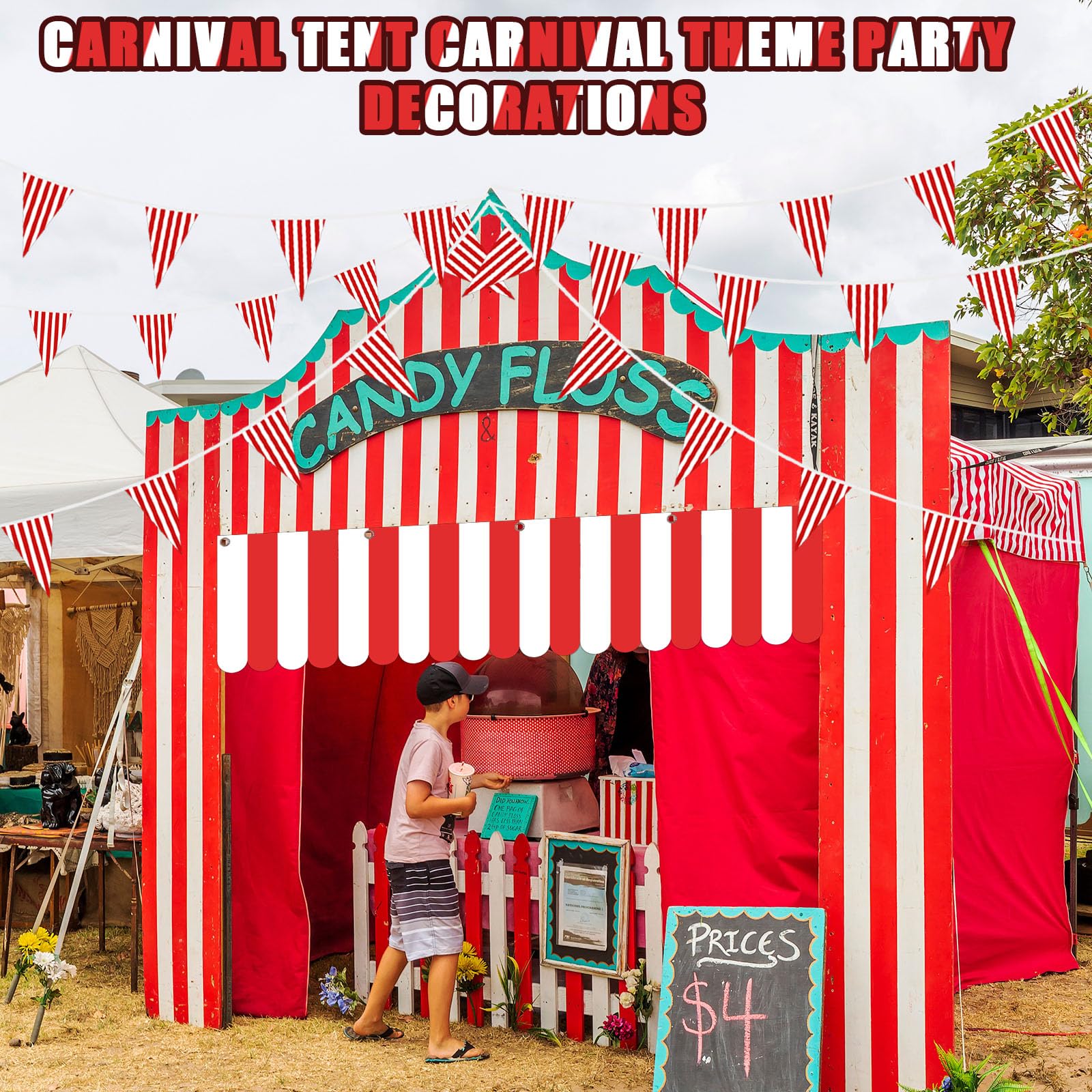Preboun 6 piezas de carpa de carnaval, circo, carnaval, decoraciones colgantes de rayas rojas y blancas, banderines de carnaval, banderas triangulares para Halloween, cumpleaños, suministros de fiesta