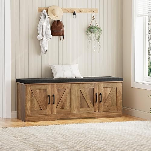 Miniatura 78 de Banco de almacenamiento de 2 niveles, banco de zapatos de 39.4 pulgadas de ancho con cojín de asiento acolchado, banco de entrada con 2 puertas de