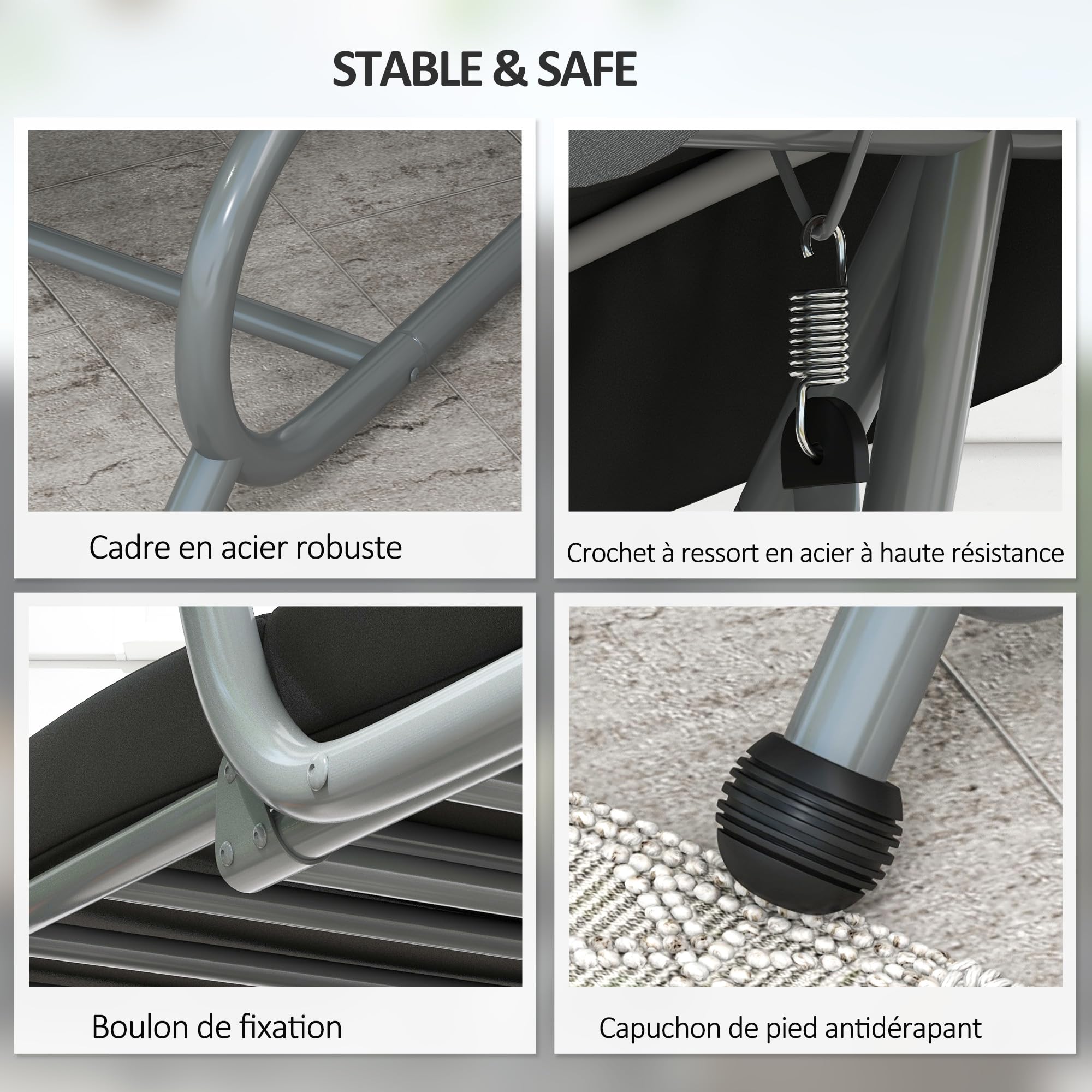 Outsunny Columpio de Jardín Convertible 3 Plazas Techo Ajustable Inclinación 2 Estantes Soporte 2L x 1.2l x 1.64H m Metal Epoxy Negro Poliéster Gris
