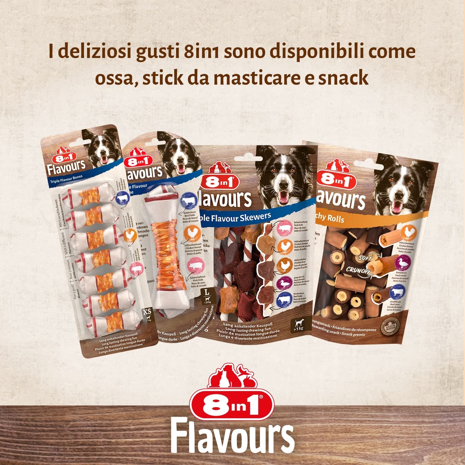 Delizioso 8in1 Triple Flavour Bone L osso per cani con filetto di pollo, maiale e pelle di manzo 1 pezzo