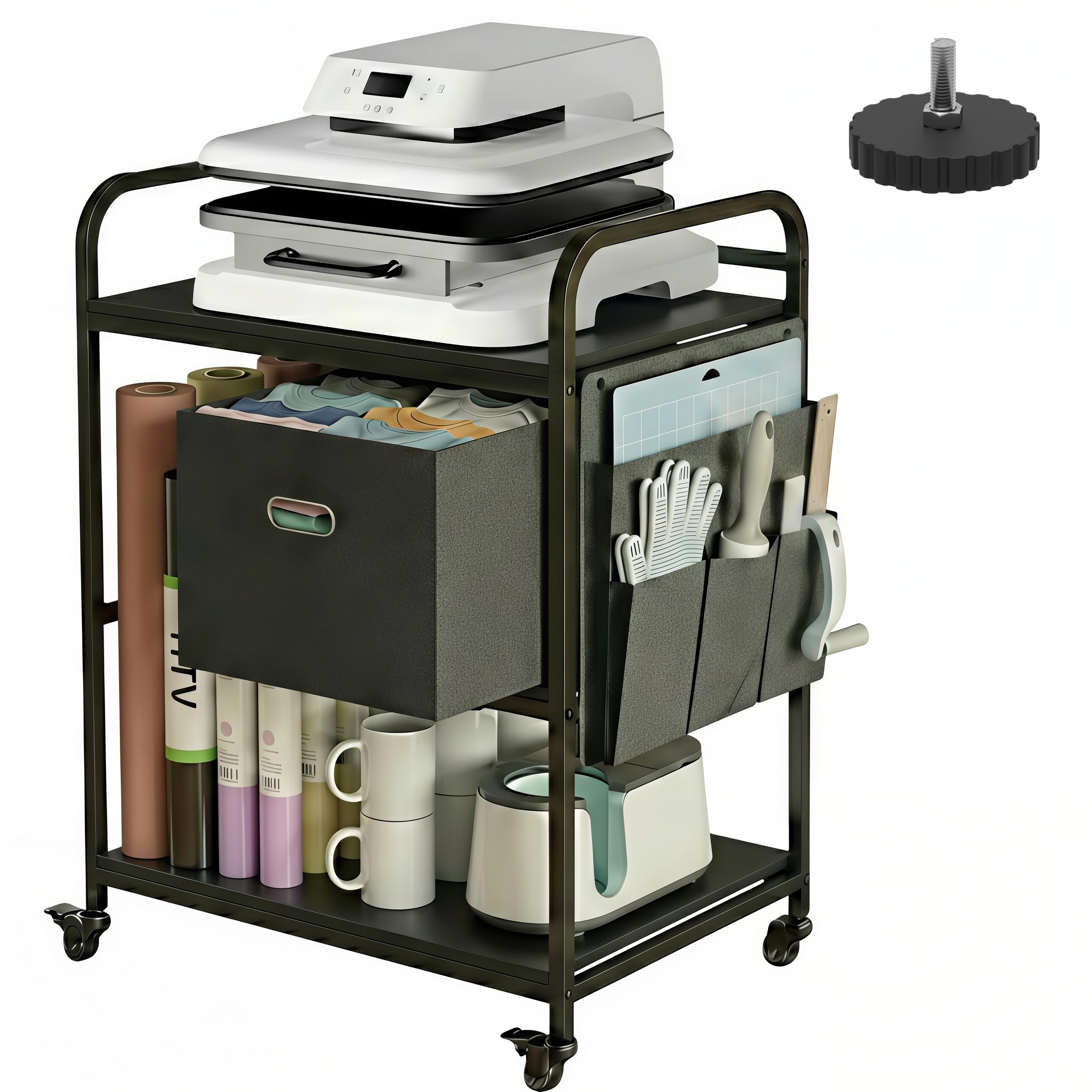 MIXISAV Movable Heat Press Table with Power Strip & Guardrail - Heavy Duty Stand Fits 15x15 Machines, Suitable for Cricut & Mug Press, Rolling