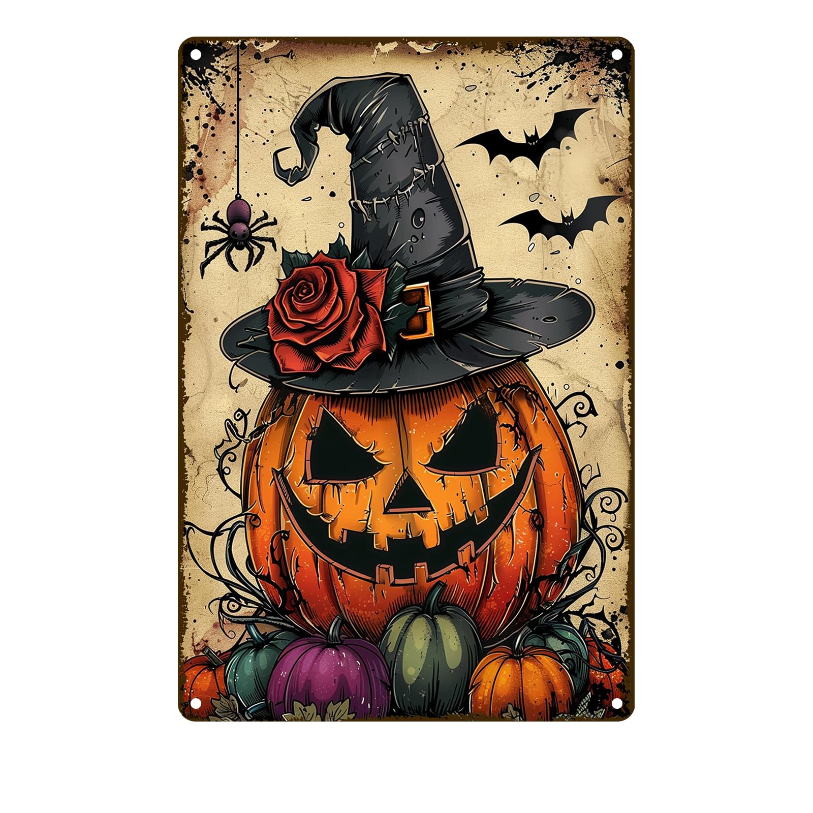 Plaque en métal citrouille d'Halloween au style vintage et finitions gothiques