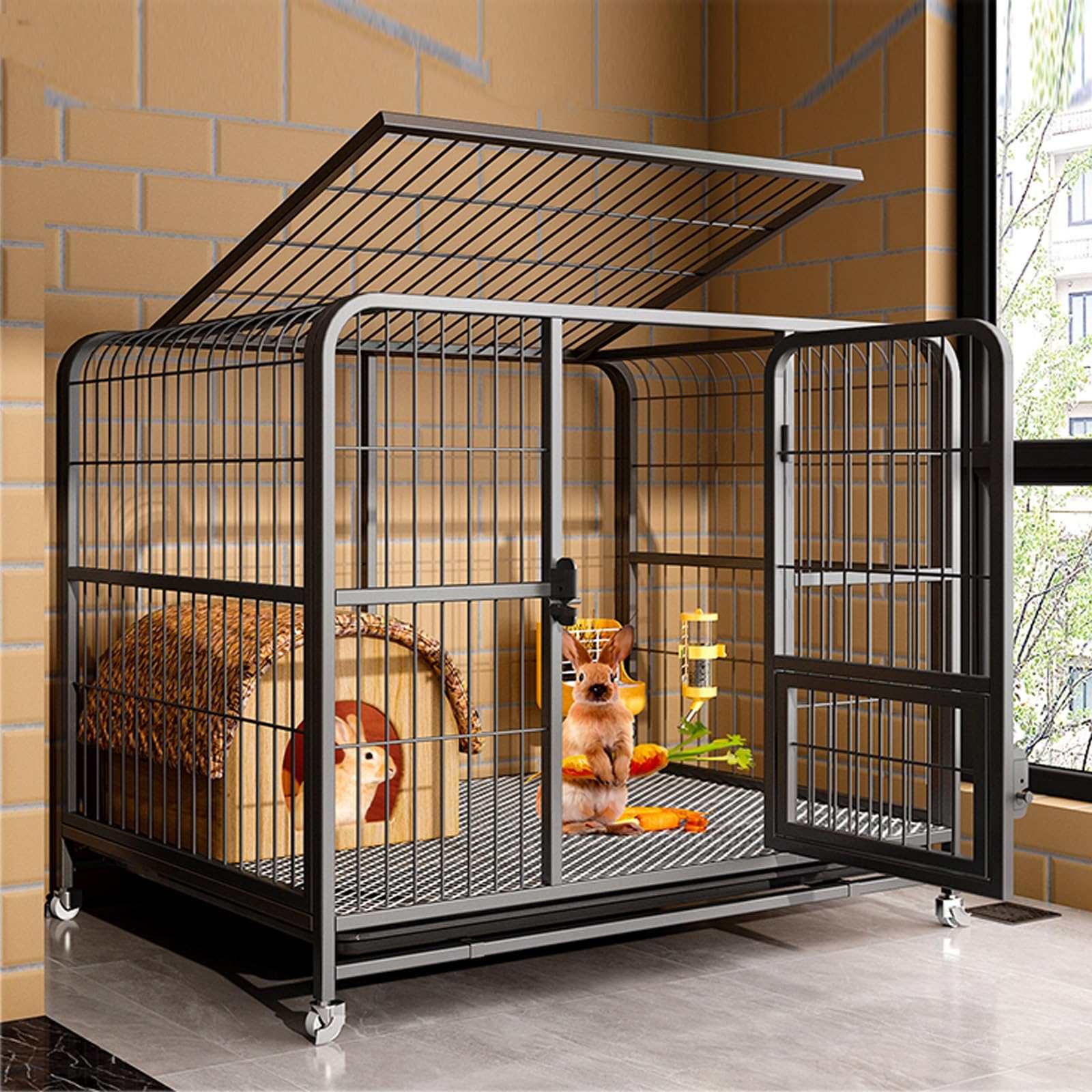 Jaula Grande para Conejos de Interior con bandejas extraíbles Profundas y diseño de Doble Puerta, casa de Malla de Alambre de Metal llamativa, casa para Animales pequeños para Conejos y huro