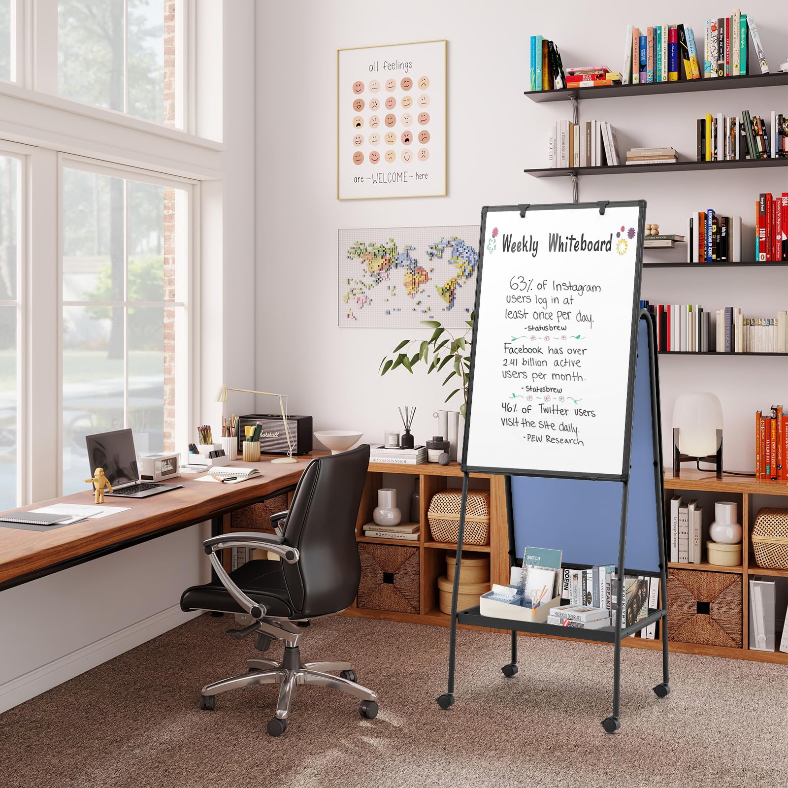 MAKELLO Lavagna Magnetica a Doppia Faccia Mobile con 4 Rotelle - Lavagna a Fogli Mobili, Struttura in Alluminio Nero Regolabile in Altezza, Stabile per Ufficio/Aula/Home Office