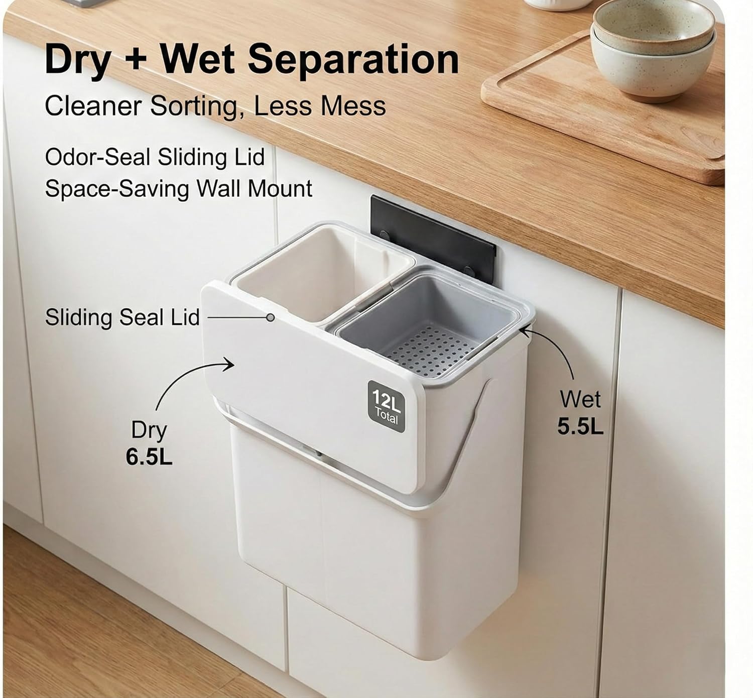 3.2 Galoon Kitchen Compost Bin with lid | Odorless Hanging Trash Can with Sliding Lid for Dry & Wet Waste – 12 L Wall-Mounted Garbage Can for Kitchen Cabinet. Under Sink Trash can for Office.