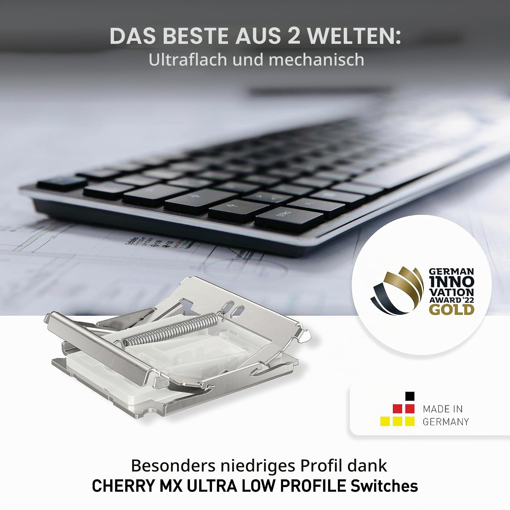 CHERRY KW X ULP, Ultra Flache Mechanische Tastatur, Schweiz QWERTZ, Schwarz | Kabelloses Multi-Device-Keyboard für bis zu 4 Geräte, Bluetooth, 2,4 GHz Funk & Kabel, Weiße Beleuchtung, Wiederaufladbar