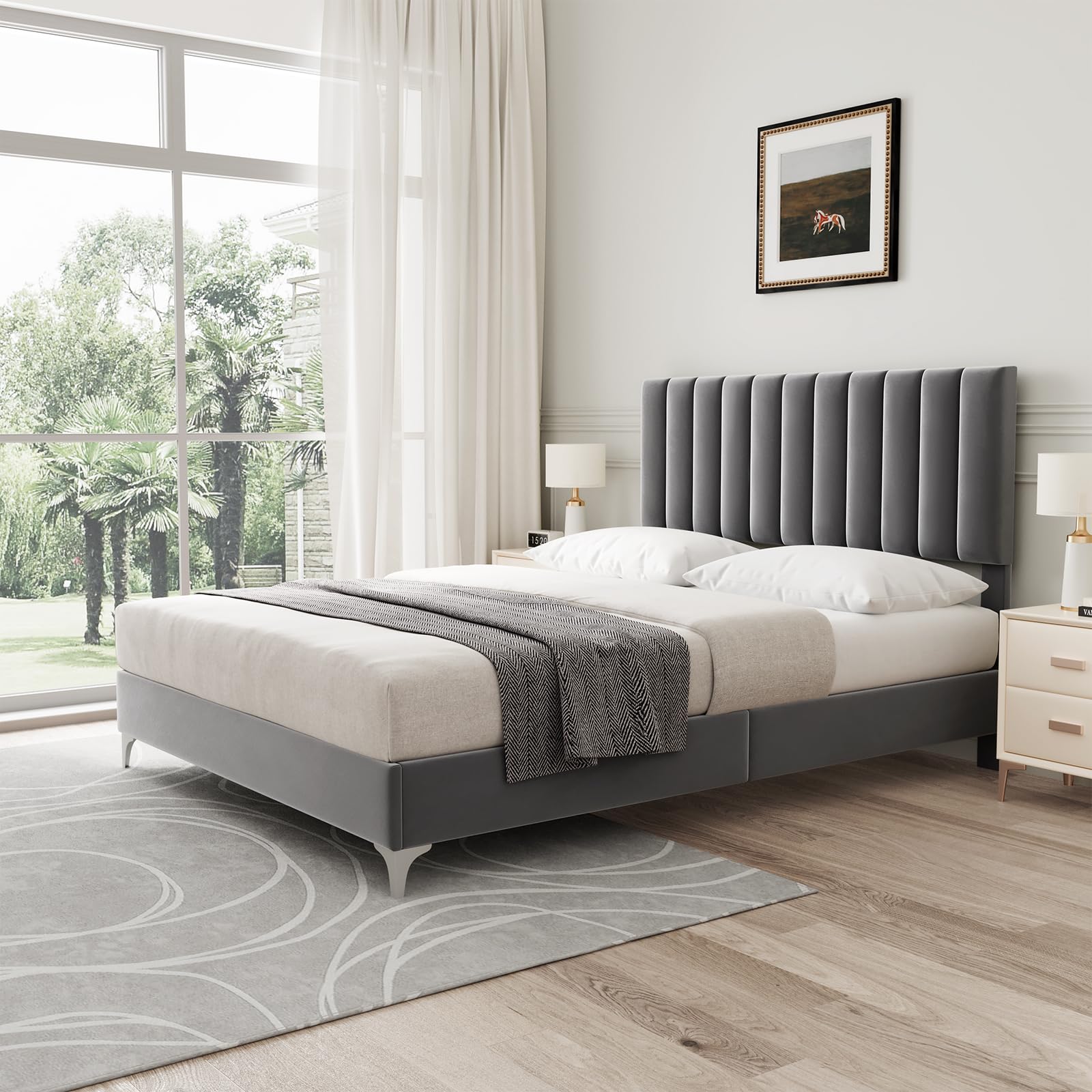 IDEALHOUSE Full Size Bed Frame with Adjustable Headboard, Velvet Upholstered Platform Bed Frame with Wooden Slats Support, Full Bed Frame with Under