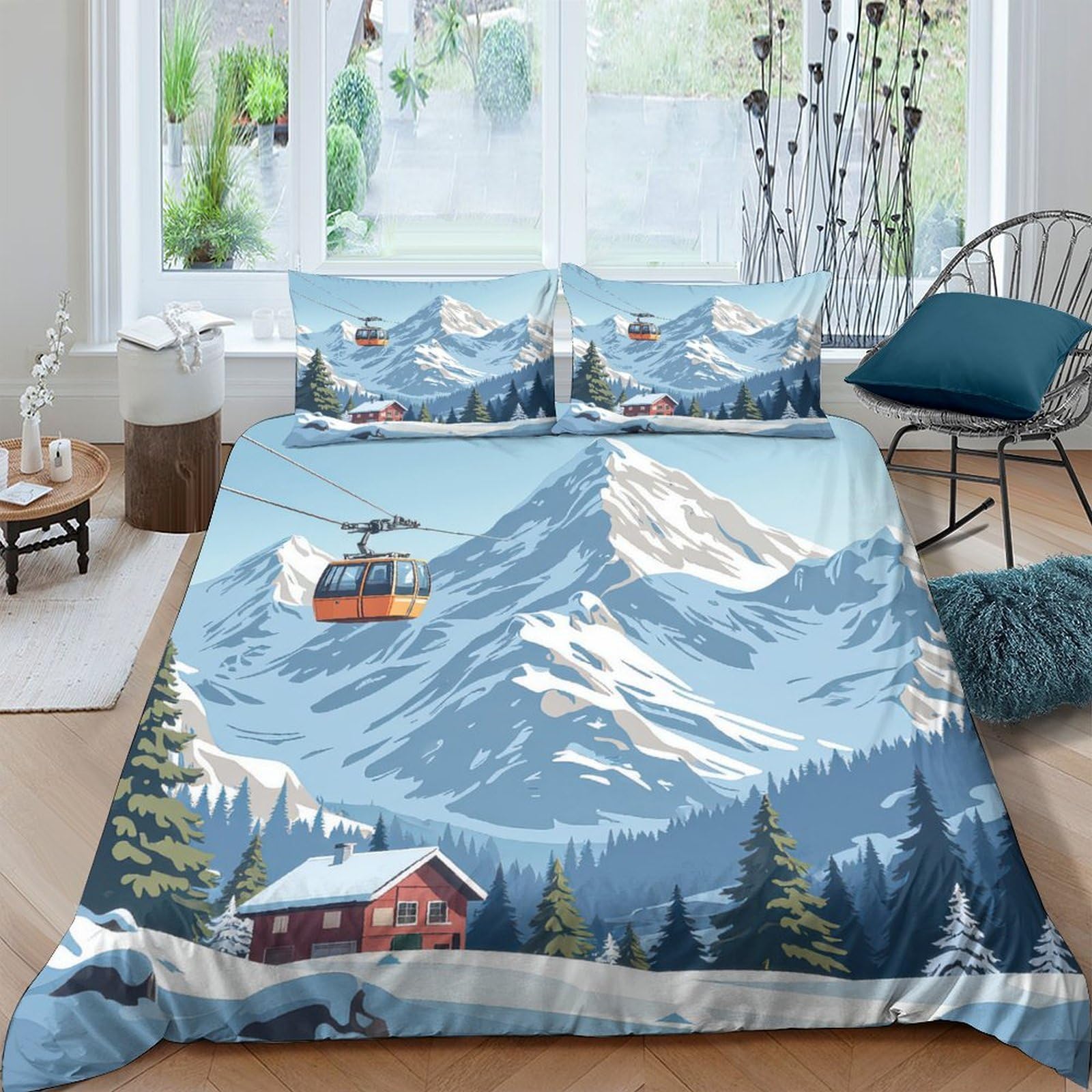 GPLZQXKJNH 3D Printed Mountain Landscape Duvet Cover Microfiber Soft Breathable Ski Cabin Bedding Set with 2 Pillowcases for Bedroom Decor, Single（135x200cm）