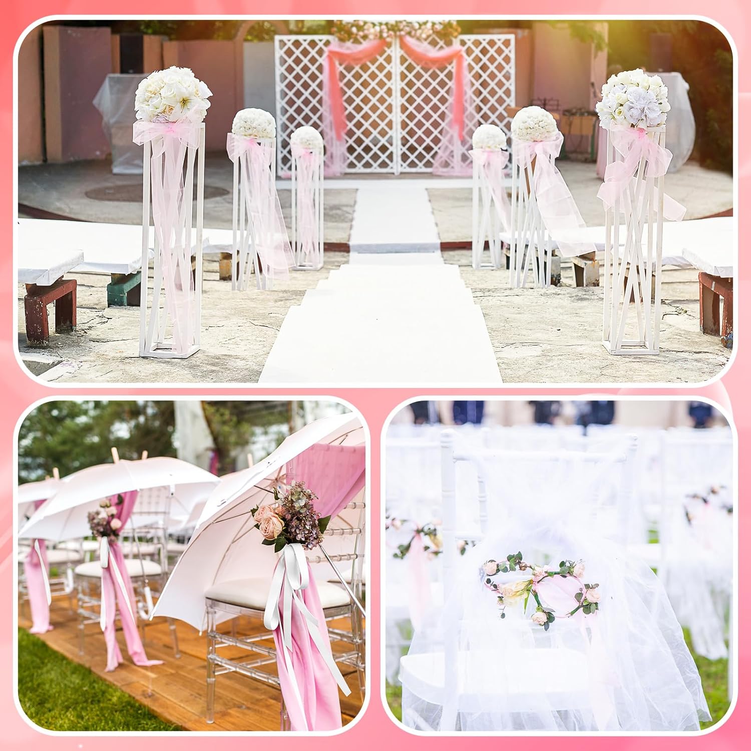 6 Pcs Tulle Fabric Rolls & Ribbon Set, Include Pink White Tulle Fabric Rolls 6 Inch by 100 Yards 3.9'' /1.5'' White Pink Ribbon for Wedding Bridal Shower Birthday Party DIY Tutu Skirt