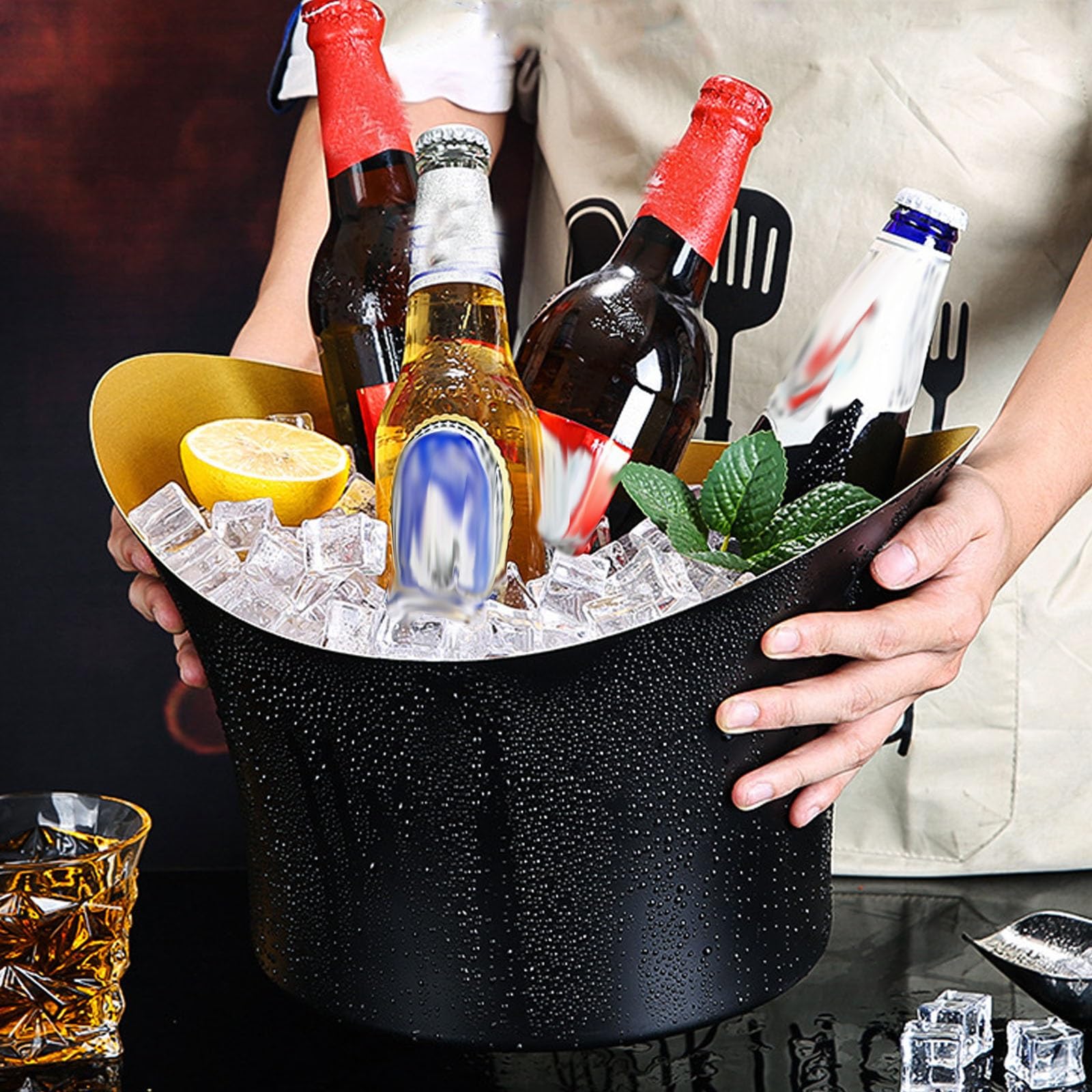 Cubitera Grande, Champanera de Acero Inoxidable para Fiestas, Cubitera Vino, Cubiteras para 4-5 Botellas de Cerveza y Champán(Black)