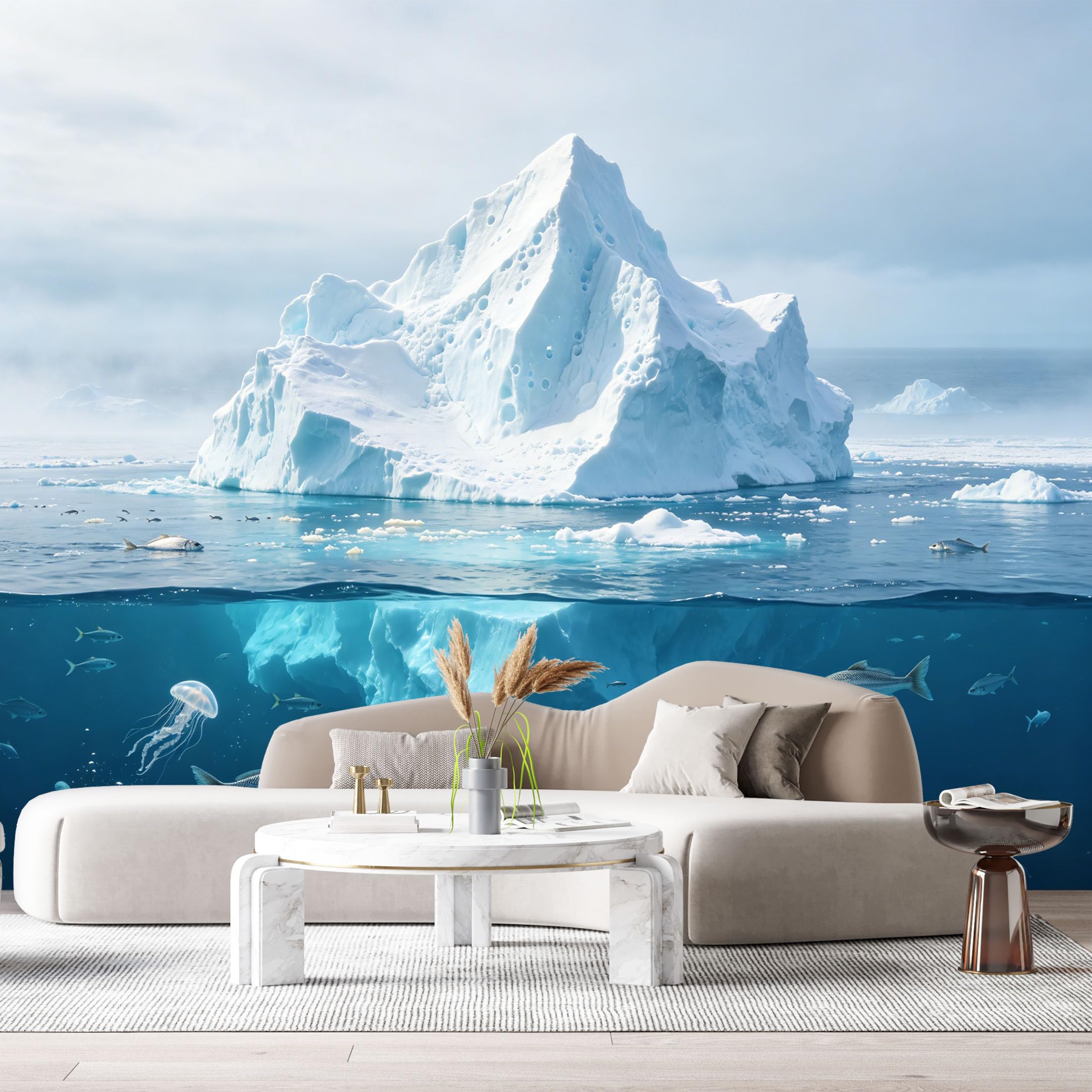 Custom Size Wall Murals Ocean Marine 3D Trompe L'Oeil Iceberg Underwater Jellyfish Fish SelfAdhesiveWall Fabric Removable Wallpaper Wall Decor for Living Room Bedroom Bathroom