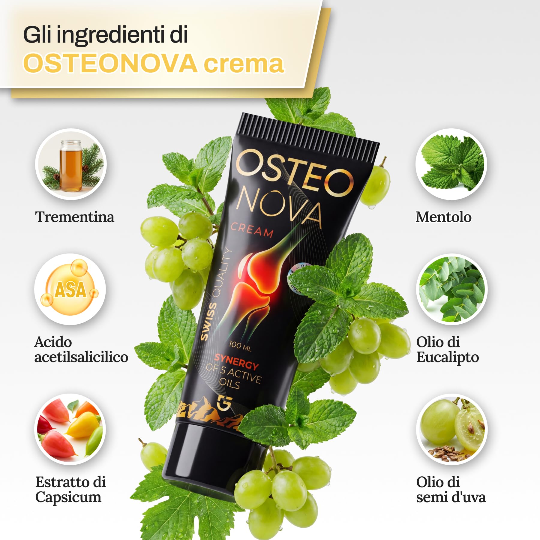 OSTEONOVA | Crema per Articolazioni e Muscoli | Effetto Riscaldante e Rilassante | Con Artiglio del Diavolo, Capsicum, Mentolo, Olio di Eucalipto, Olio di Menta e Acido Salicilico | 100 ml