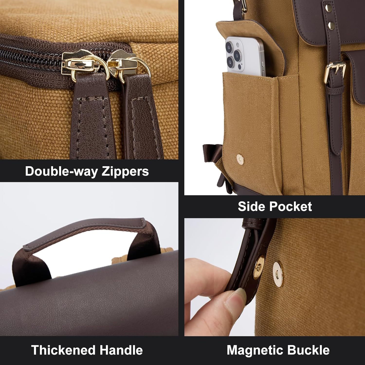 Cwatcun Camera Backpack, DSLR SLR Backpacks Camera Bag with 13”laptop sleeve compartment and Tripod Holder for Photographers -Vintage Canvas& leather Style-Upper and lower Compartment Design(Khaki)