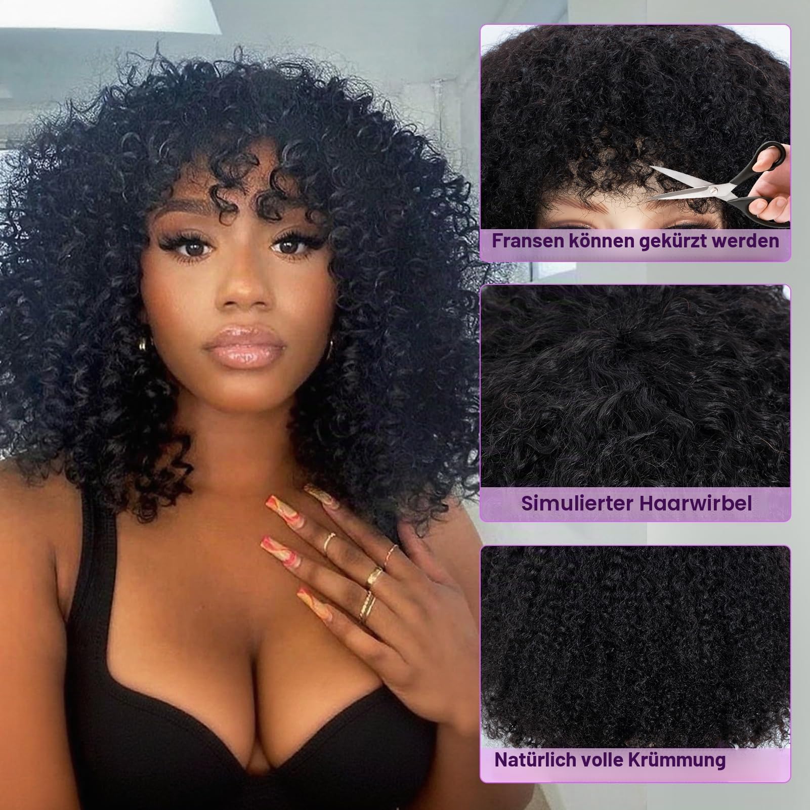 FASHION IDOL Kurzer lockiger Bob Echthaarperücken mit Pony Jerry Curl Brasilianisches Echthaar Keine Lace-Front-Perücken für Frauen Maschinell gewebt Braun 30CM