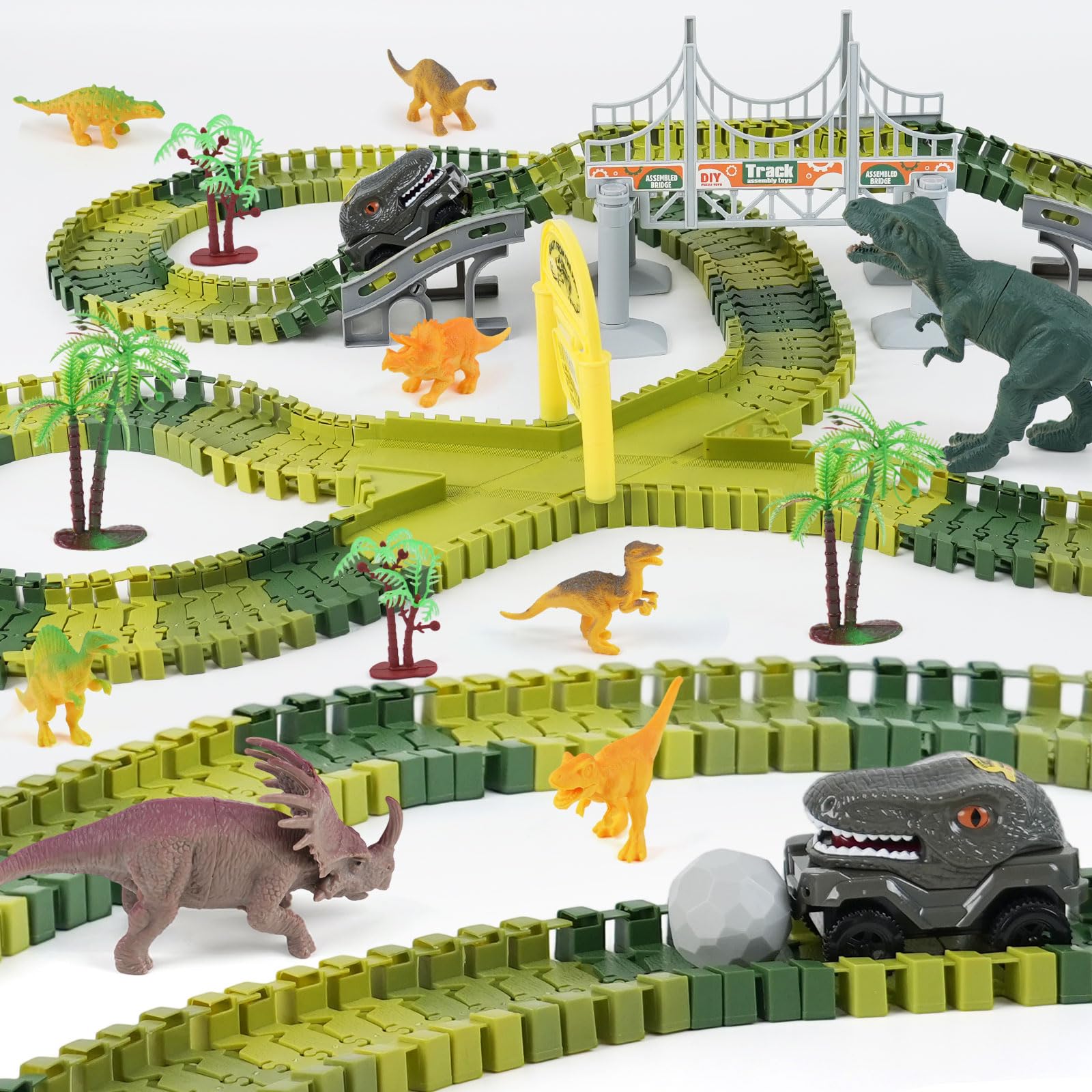 Dinosaur Race Car Track Toys for Kids, Birthday Gifts for 3 4 5 6 7 Year Old Boys Girls, 255+ PCS Dinosaur World Adventure Building Playset with Flexible Track, DIY A Dinosaur World Road Race