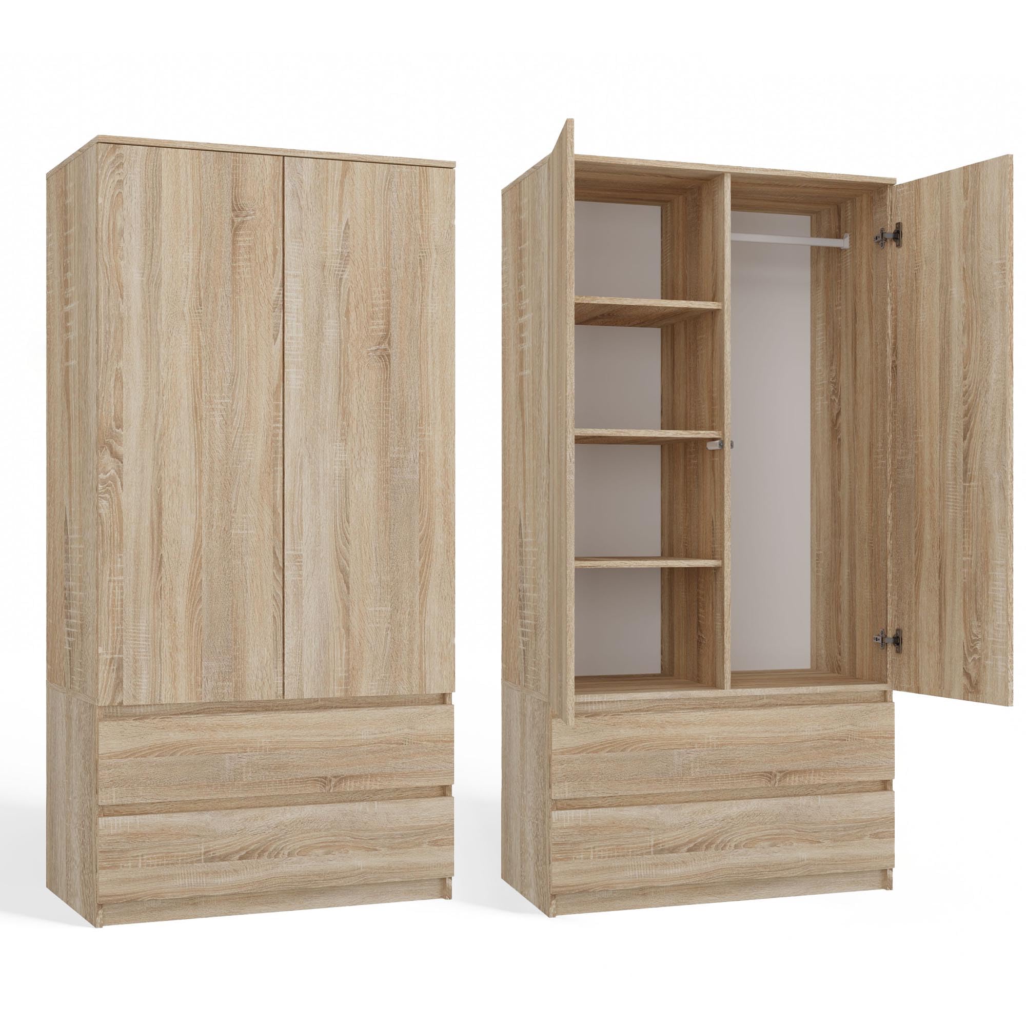 CDF Armadio Camera da Letto 90 cm 2 Ante 2 Cassetti Rovere Sonoma