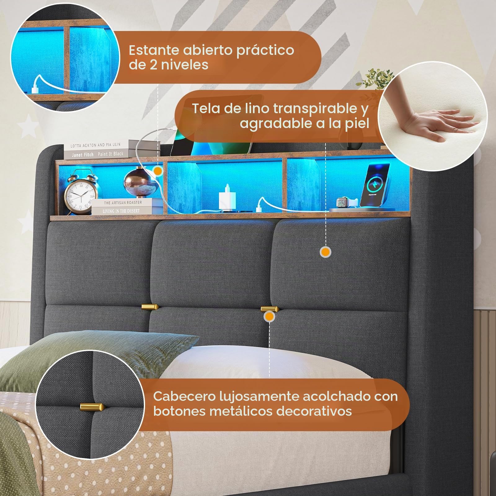 DICTAC - Cama matrimonial acolchada 90x200 con iluminación LED y barra de enchufes, cama individual para jóvenes 90x200 con somier de láminas, estructura de cama para adultos con espacio de