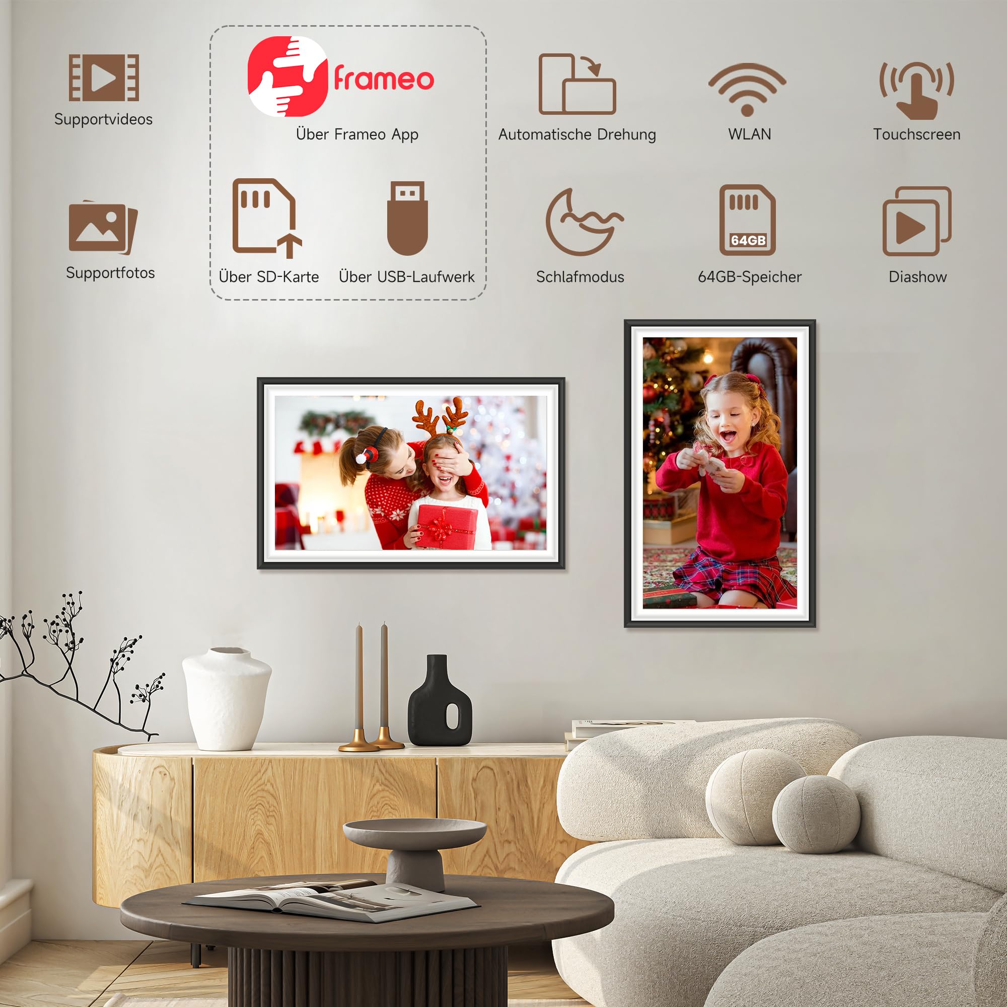 64GB FRAMEO 15,6 Zoll Digitaler Bilderrahmen -1920 * 1080P FHD IPS Touchscreen Digitale Bilderrahmen, Auto Rotation Elektronischer Fotorahmen, Teilen Sie Fotos/Videos Sofort