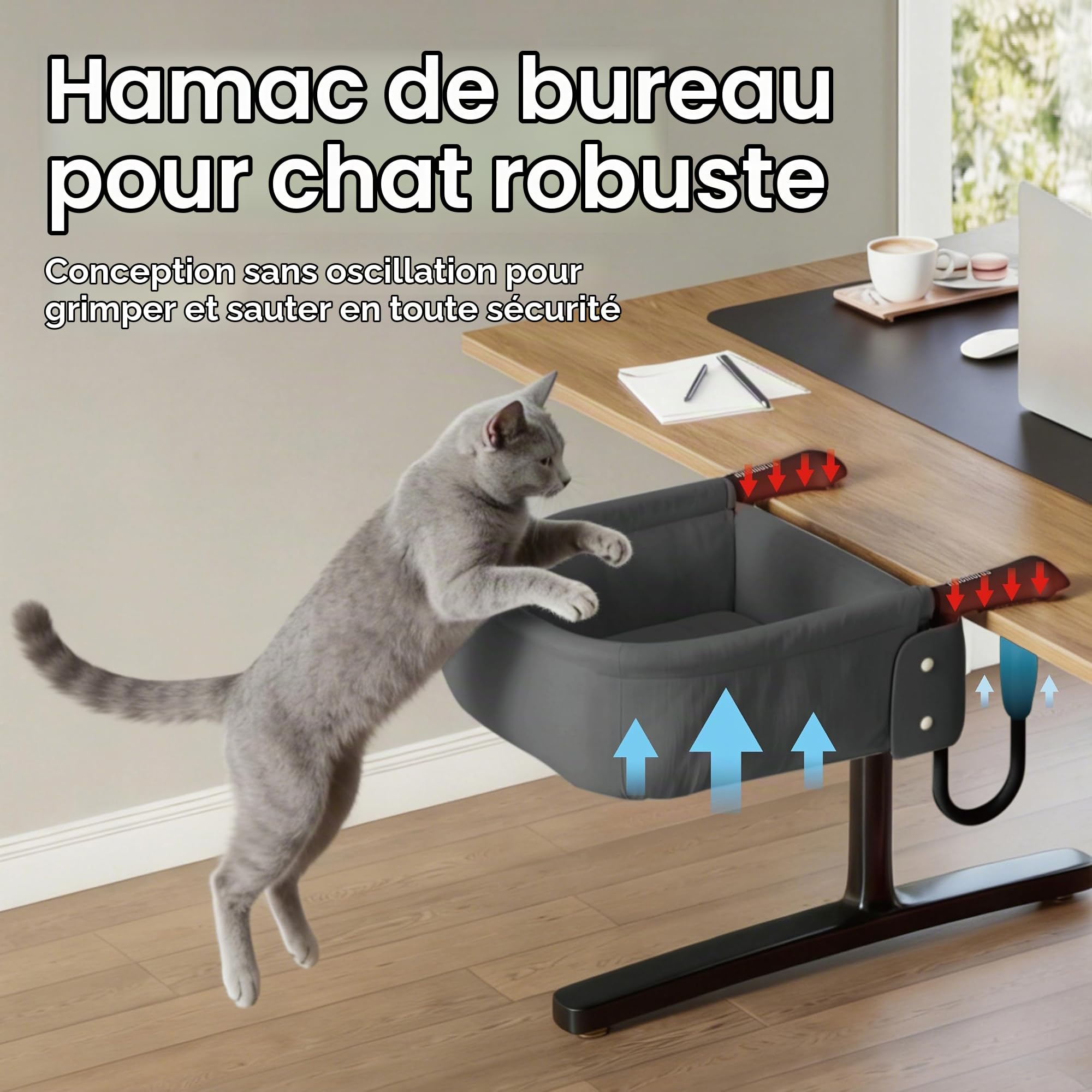 Panier Chat Bureau de Grande Taille, Ultra-robuset Hamac Chat | Pour bureau jusqu'à 7,6 cm, ultra-résistant, motif pattes, imperméable, tapis double face, montage facile (jeu/cuisine)