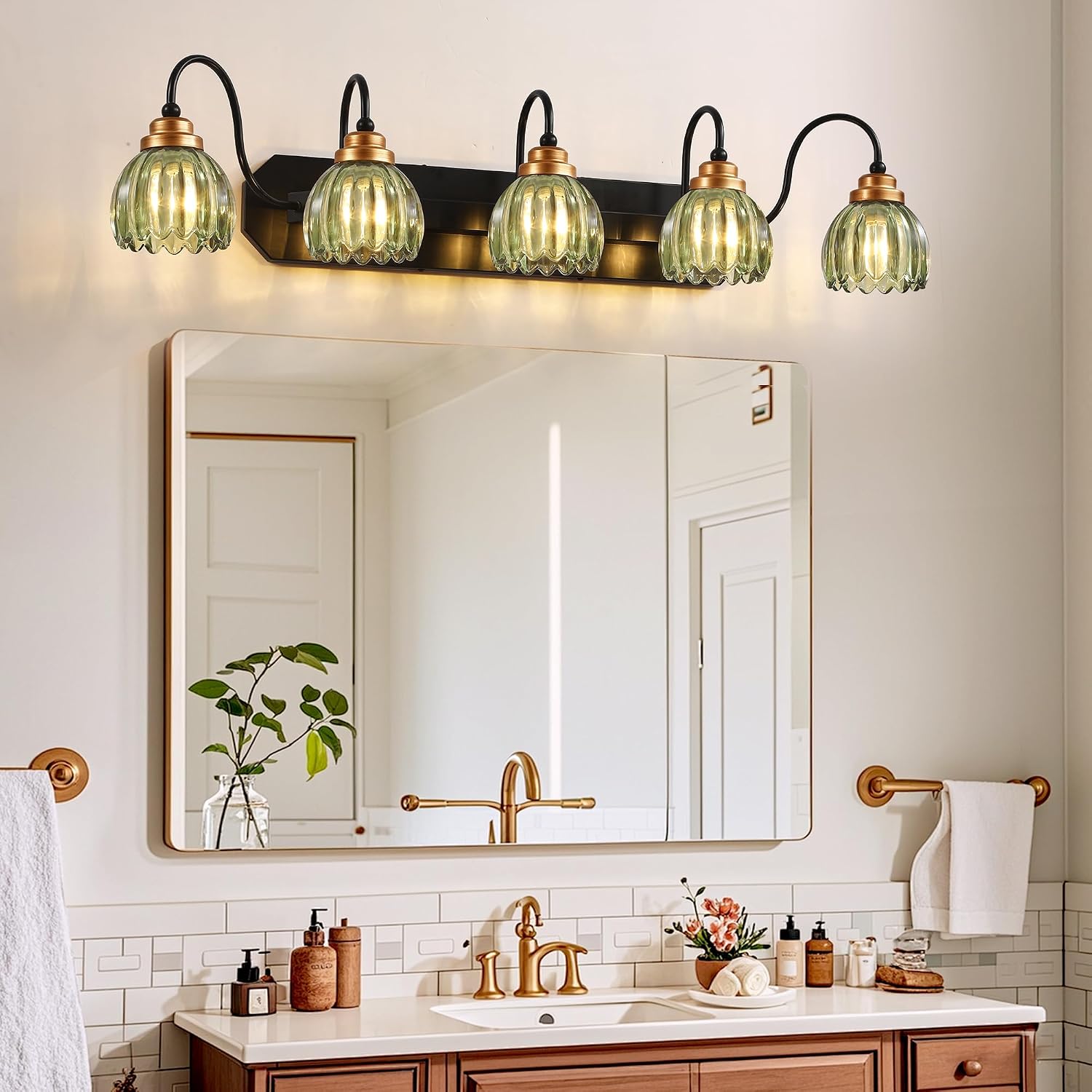 Vintage Bathroom Vanity Light, 5 Light Bathroom Lighting Fixtures Over Mirror, Mid Century Style Farmhouse Light Fixtures with Green Glass Shades, Black Finish Wall Mount for Bedroom , Living Room