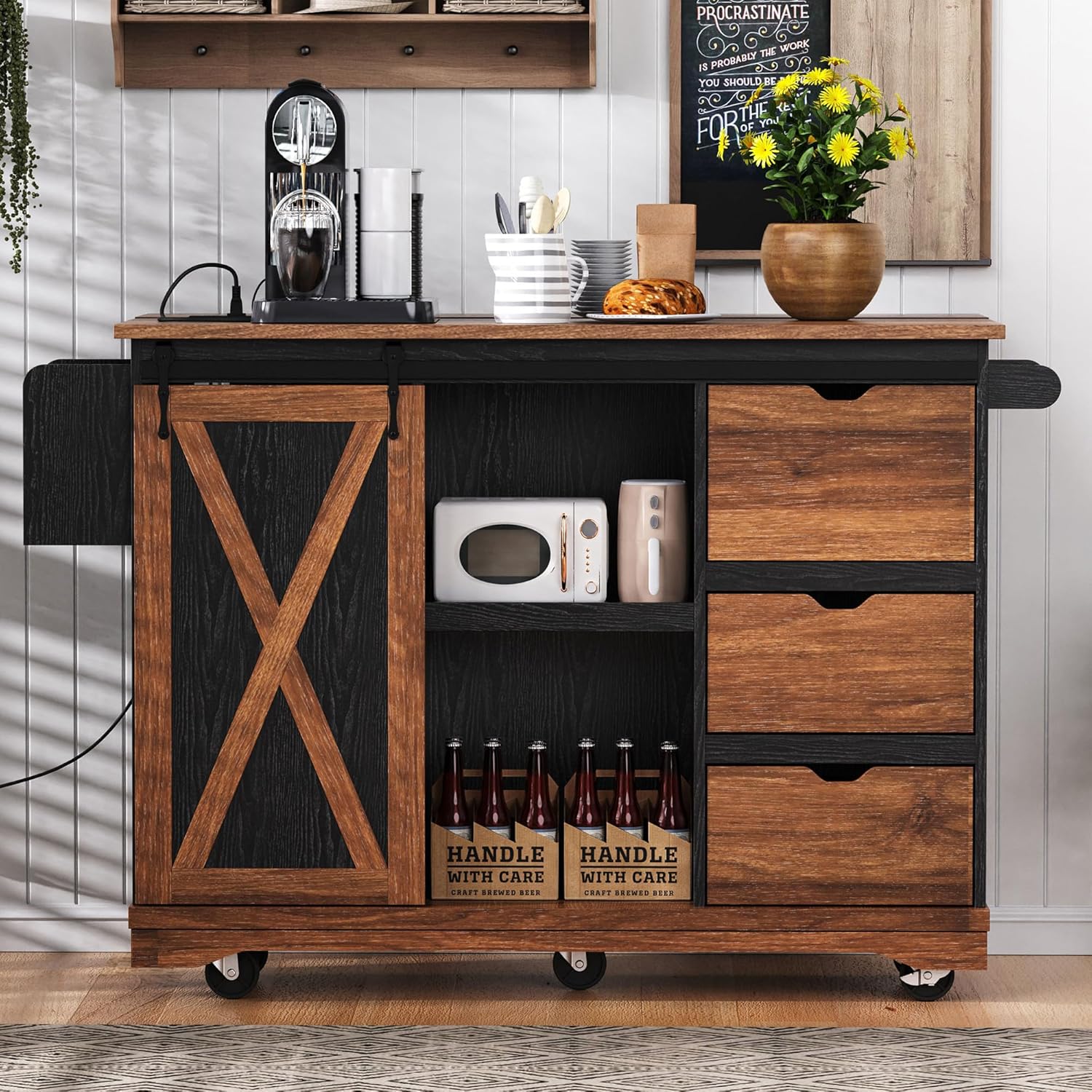 55.5" Farmhouse Kitchen Island with Drop Leaf, Kitchen Storage Island with Barn Door, Power Outlet, Rolling Kitchen Cart on Wheels with Spice Rack, for Home, Kitchen, Dining Room, Black