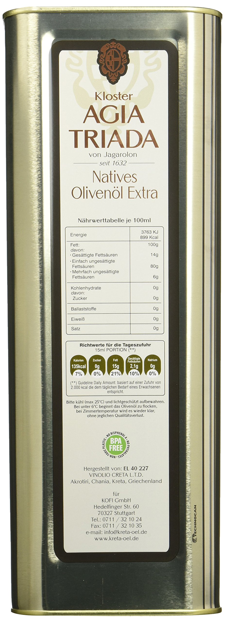 Agia Triada - extra natives Olivenöl - 5 Liter | BPA-freier Kanister - Goldgrüne Farbe, frisches Aroma & langer Nachgeschmack - Koroneiki-Oliven aus Chania
