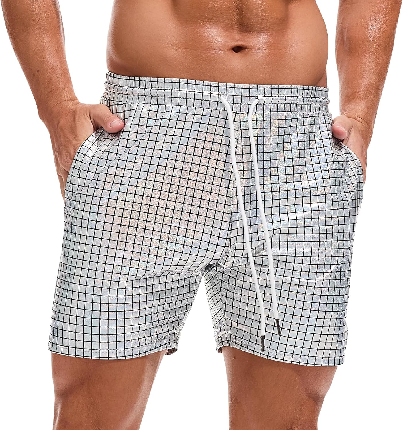 AMY COULEE Mens Metallic Shorts 5" Shiny Holographic Disco Shorts Outfit Sparkly Rave Hot Drawstring Shorts