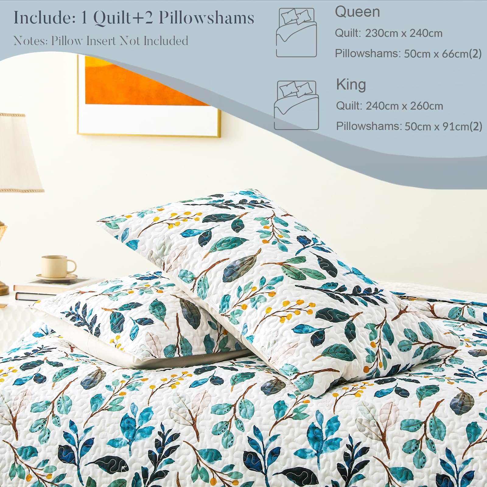 Whale Flotilla Couvre-lit 240 x 260 cm, Dessus de Lit 2 Personnes avec Motif Imprimé, jeté de lit Léger avec 2 Taies d'oreiller pour Toutes Les Saisons, Fleurs Bleu