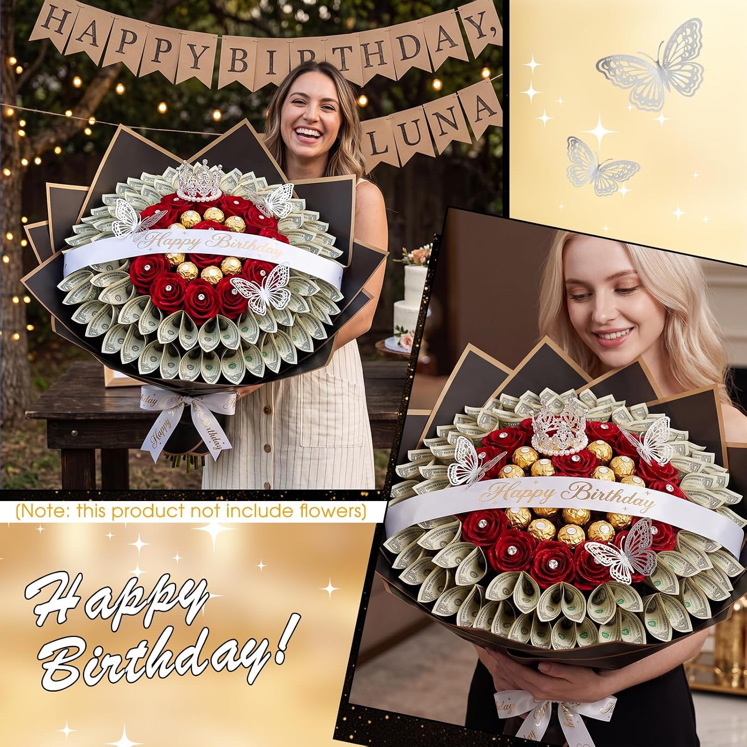 Gilprop 52 Pcs Birthday Flower Bouquet Accessories Kit Include Glitter Happy Birthday Satin Ribbon Crown Butterfly Decor Gem Pins and Wrapping Paper for Women Friends Party Bouquet Gift(Silver)