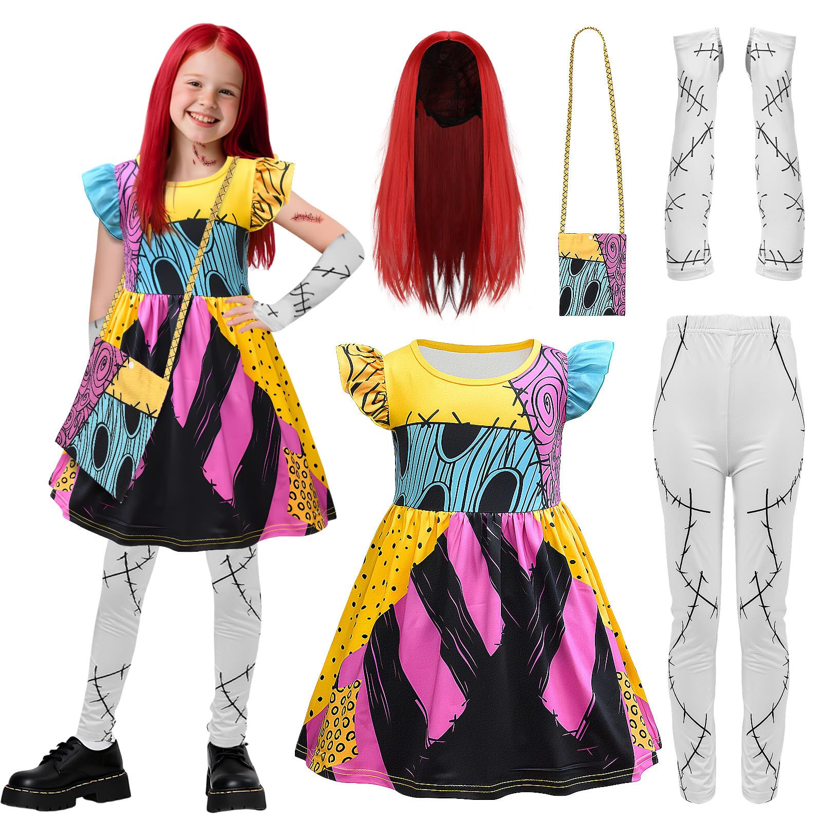 Halloween Sally Costume Kids,5PCS Sally Dress Christmas Outfits Sally Skellington Short Sleeve Dress Fancy Dress Cosplay with Red Wig Bag Sleeves Tights for Girls Age 4-11 Years (140cm/8-9 Years)