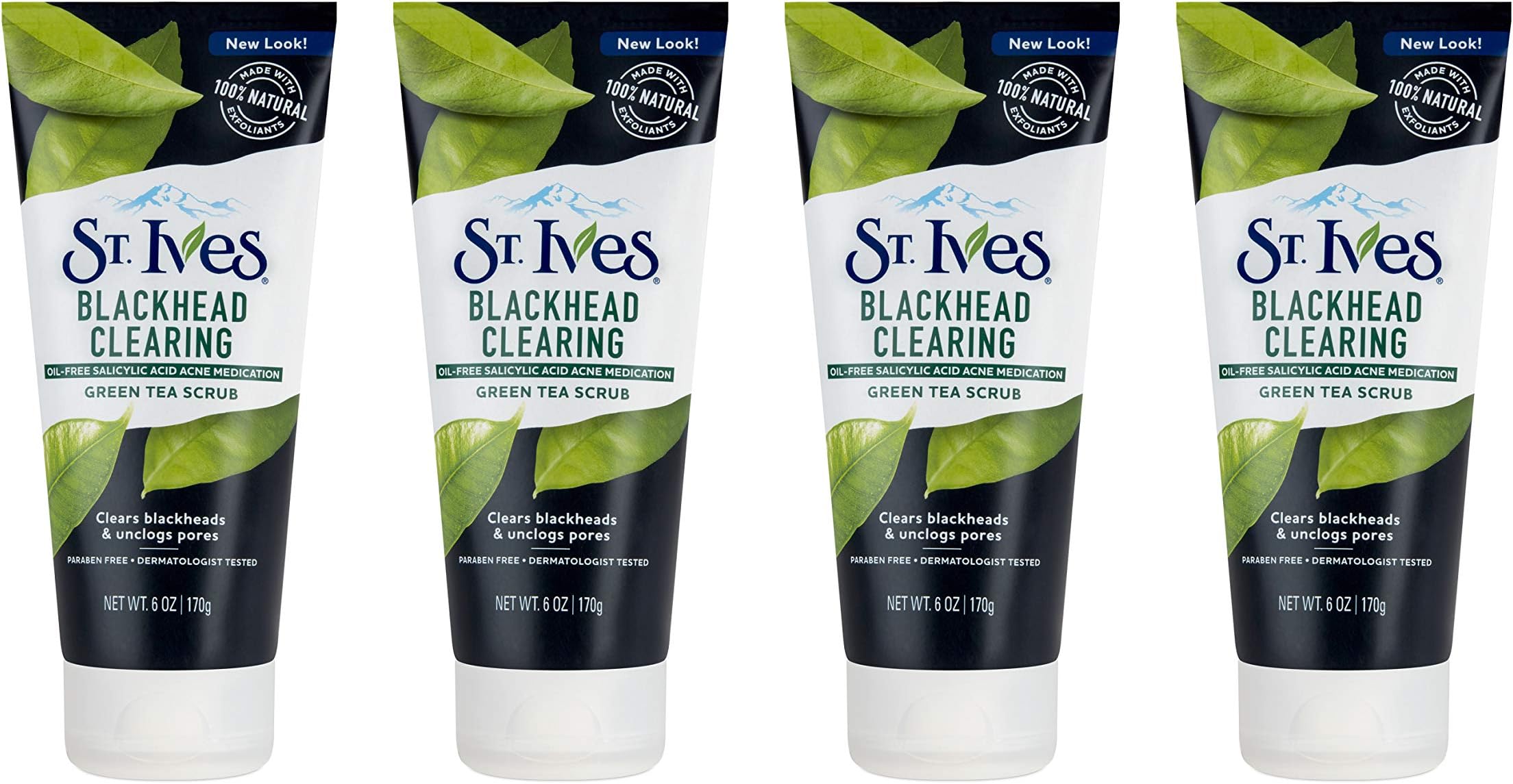 St. Ives Blackhead Clearing Face Scrub Clears Blackheads & Unclogs Pores Green Tea & Bamboo With Oil-Free Salicylic Acid Acne Medication, Made with 100% Natural Exfoliants 6 oz, 4 count