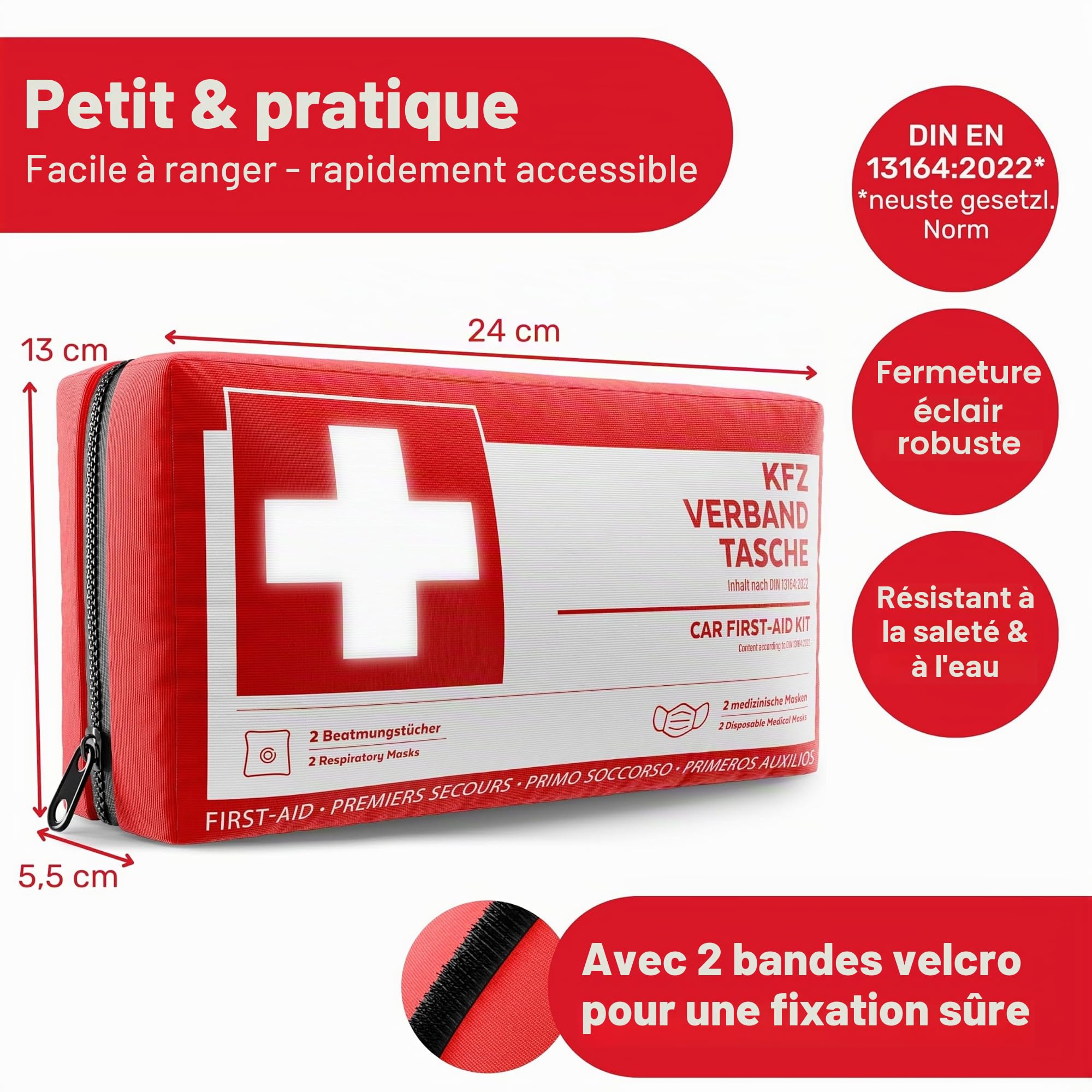 Trousse de premiers secours pour véhicule conforme à la norme 2026 incluant des serviettes de respiration - Trousse de secours pour véhicule utilisable dans toute l'Europe - Kit de premiers secours